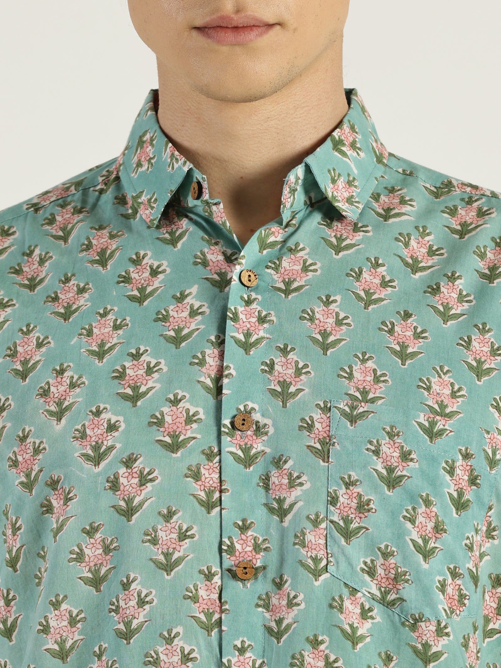 Close up of Good Vibes Block Printed Halfsleeves Cotton Shirt by Brand Patrah