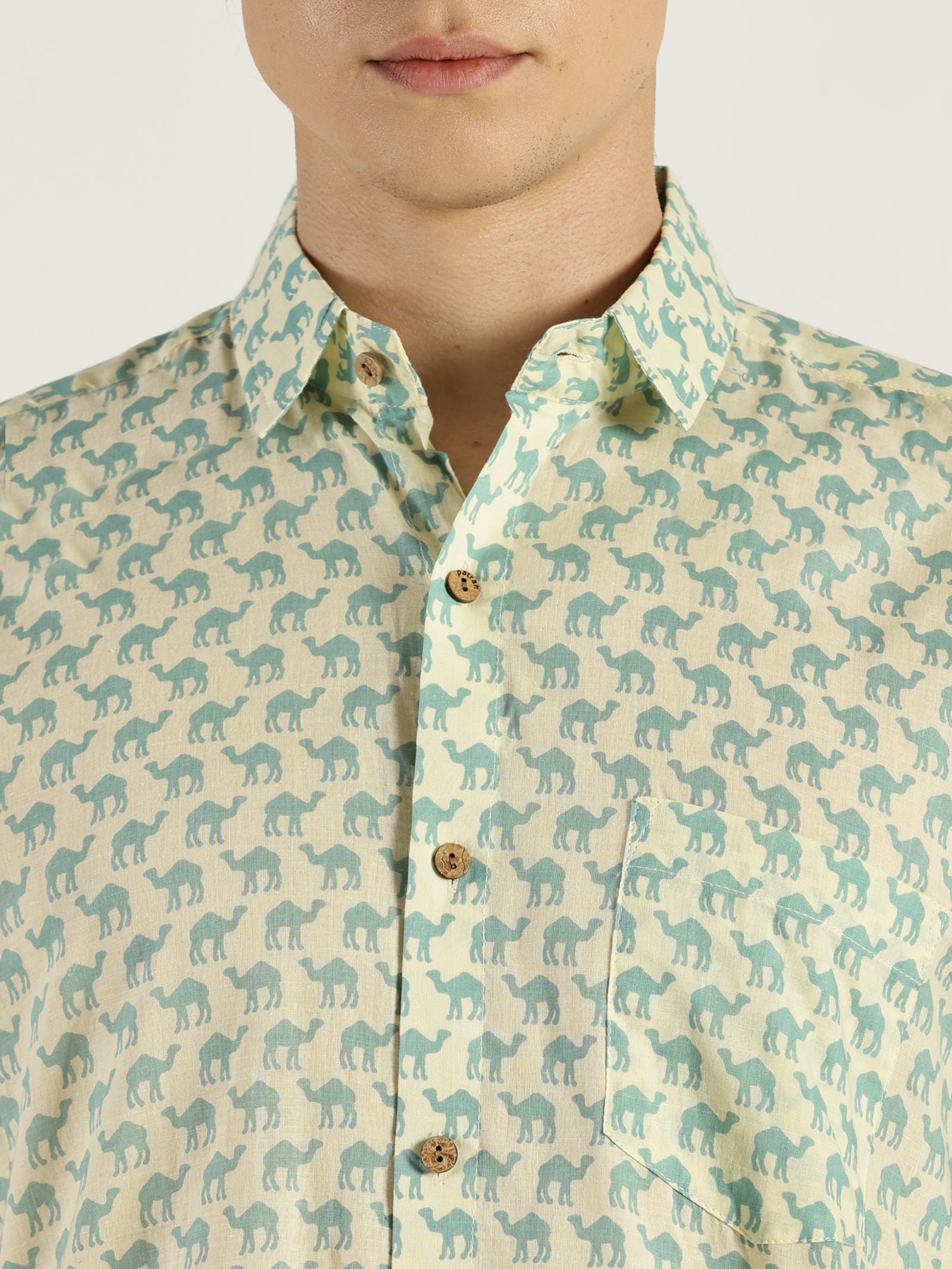 Close up of Light Blue Camel Printed Halfsleeves Cotton Shirt by Brand Patrah