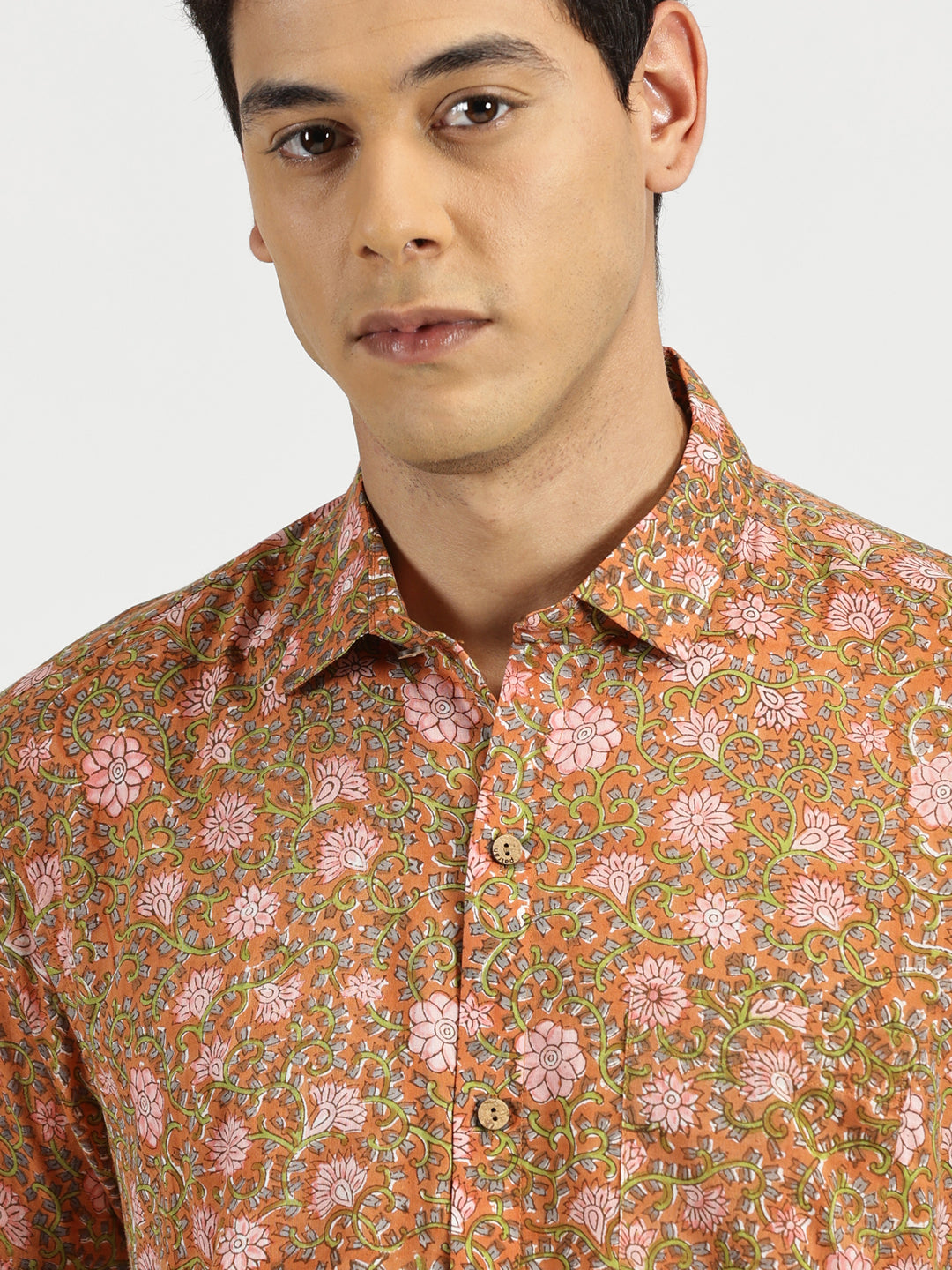 Close up of Rusty Blossom Block Printed Halfsleeves Mulmul Cotton Shirt by Brand Patrah