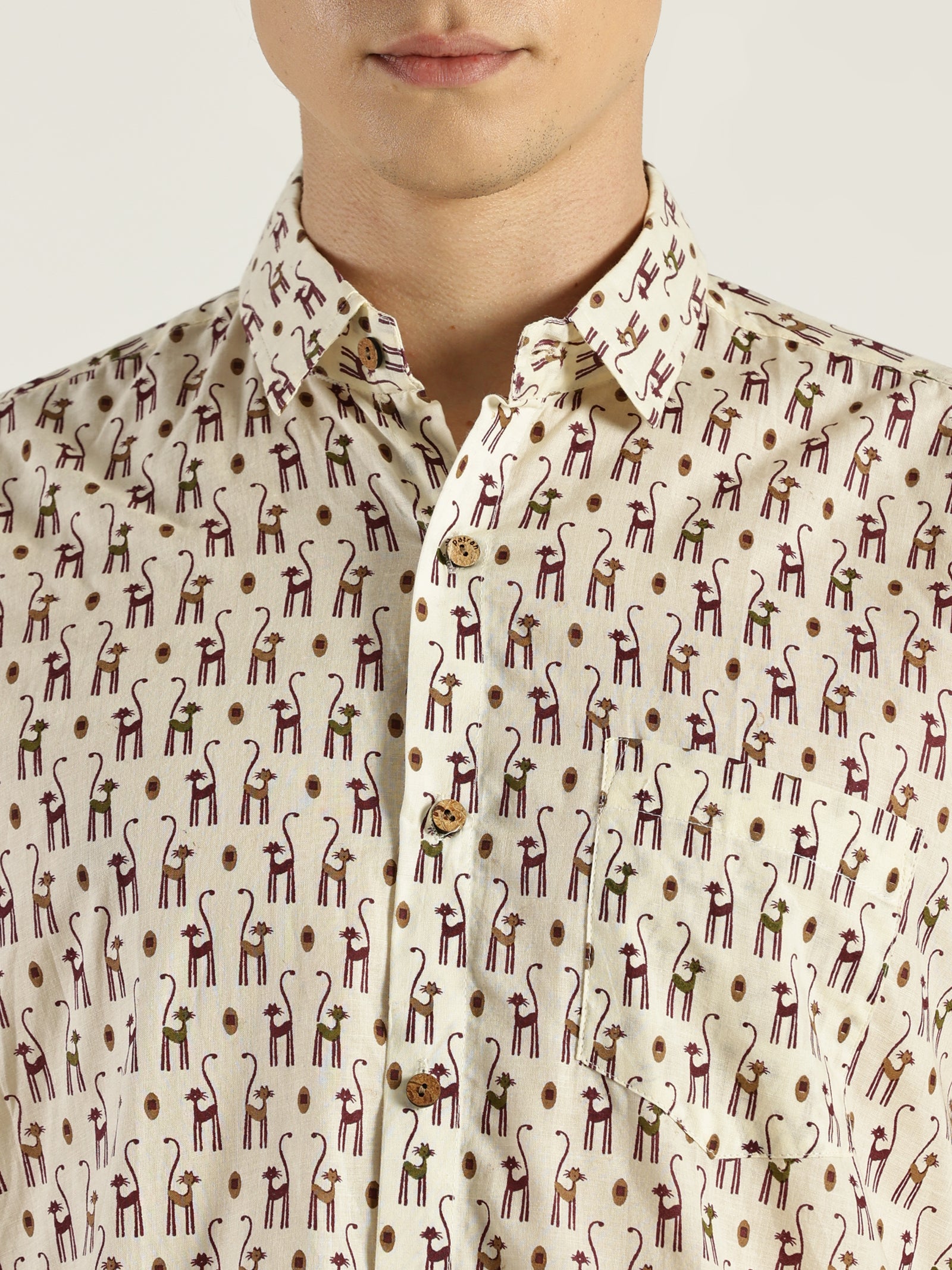 Close up of Sleeky Cat Printed Halfsleeves Cotton Shirt by Brand Patrah
