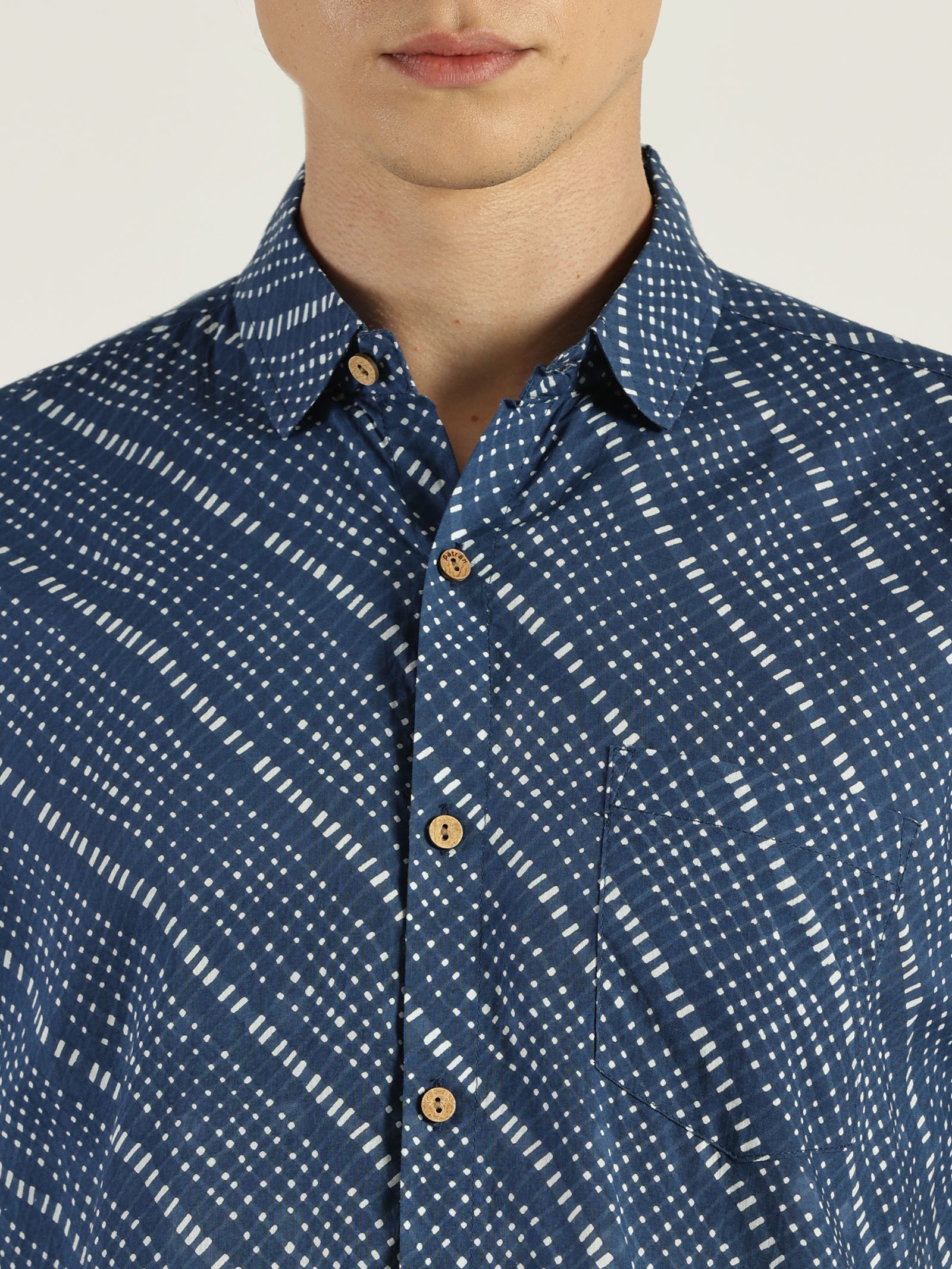 Close up of Blue Abstract Chex Printed Halfsleeves Cotton Shirt by Brand Patrah