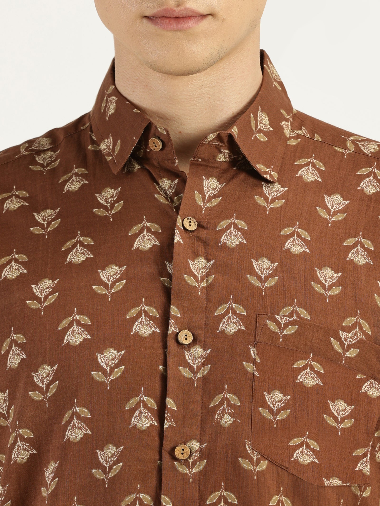 Close up of Earthy Brown Floral Printed Halfsleeves Cotton Shirt by Brand Patrah