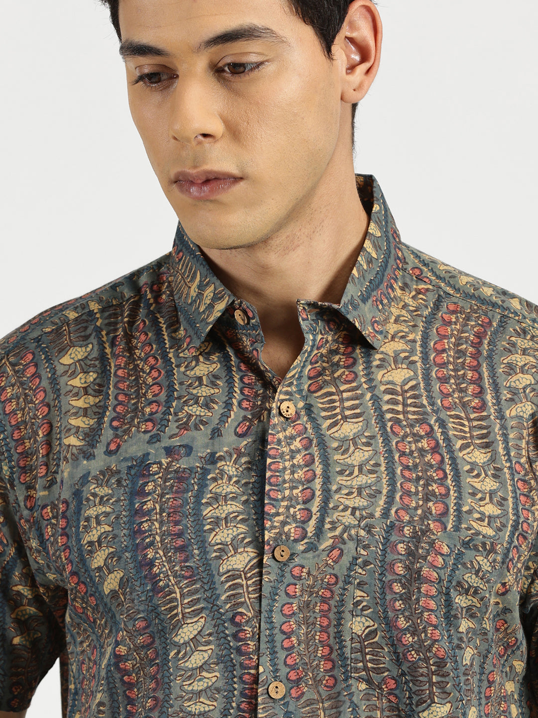 Close up of Emerald Nomad Block Printed Halfsleeves Mulmul Cotton Shirt by Brand Patrah