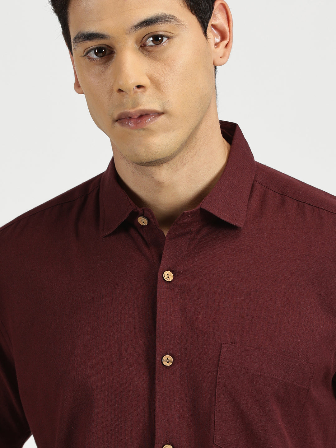 Close up of Maroon Slub Soft Cotton Halfsleeves Shirt by Brand Patrah