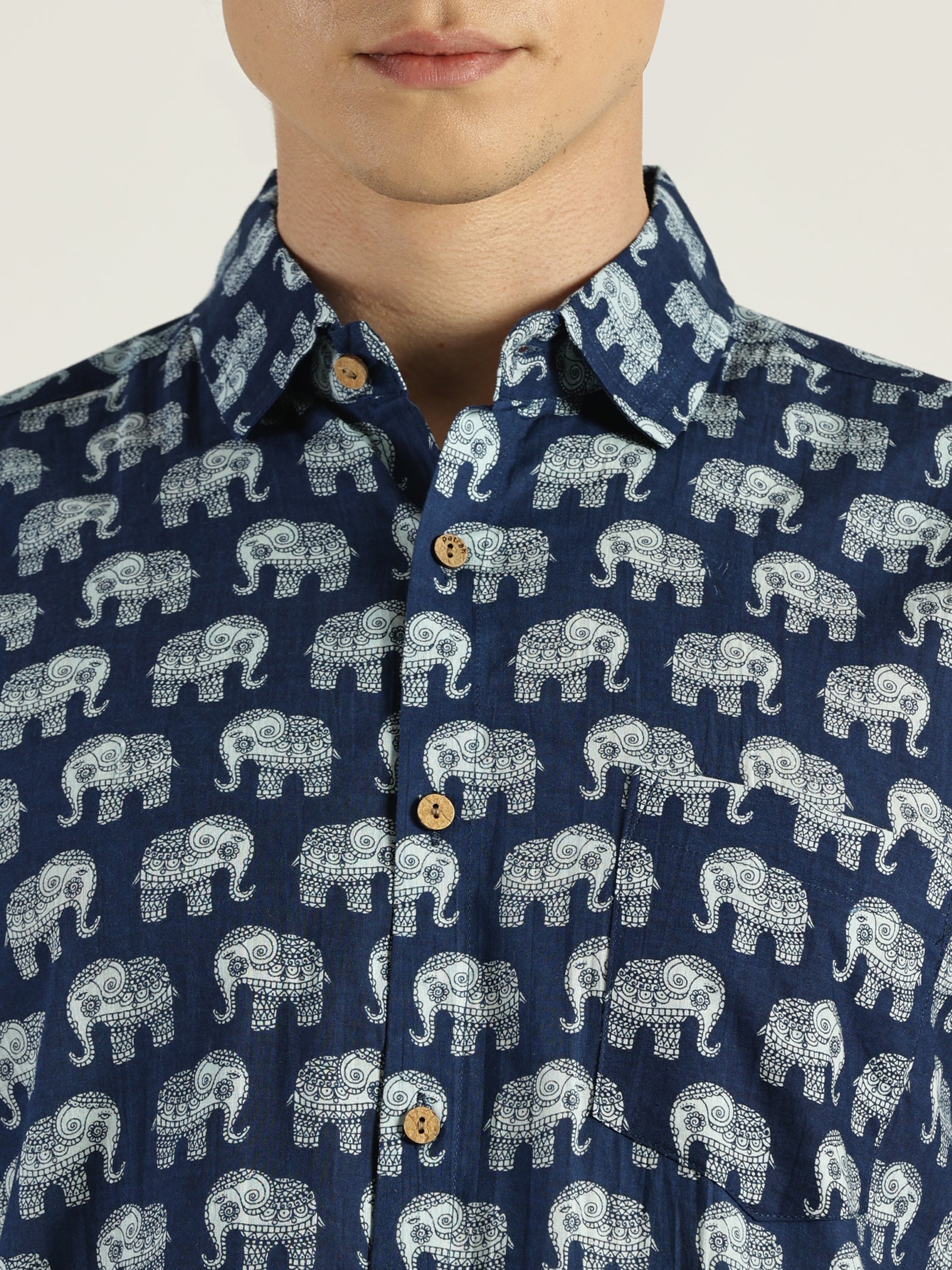 Close up of Indigo Ethnic Elephant Printed Halfsleeves Cotton Shirt by Brand Patrah