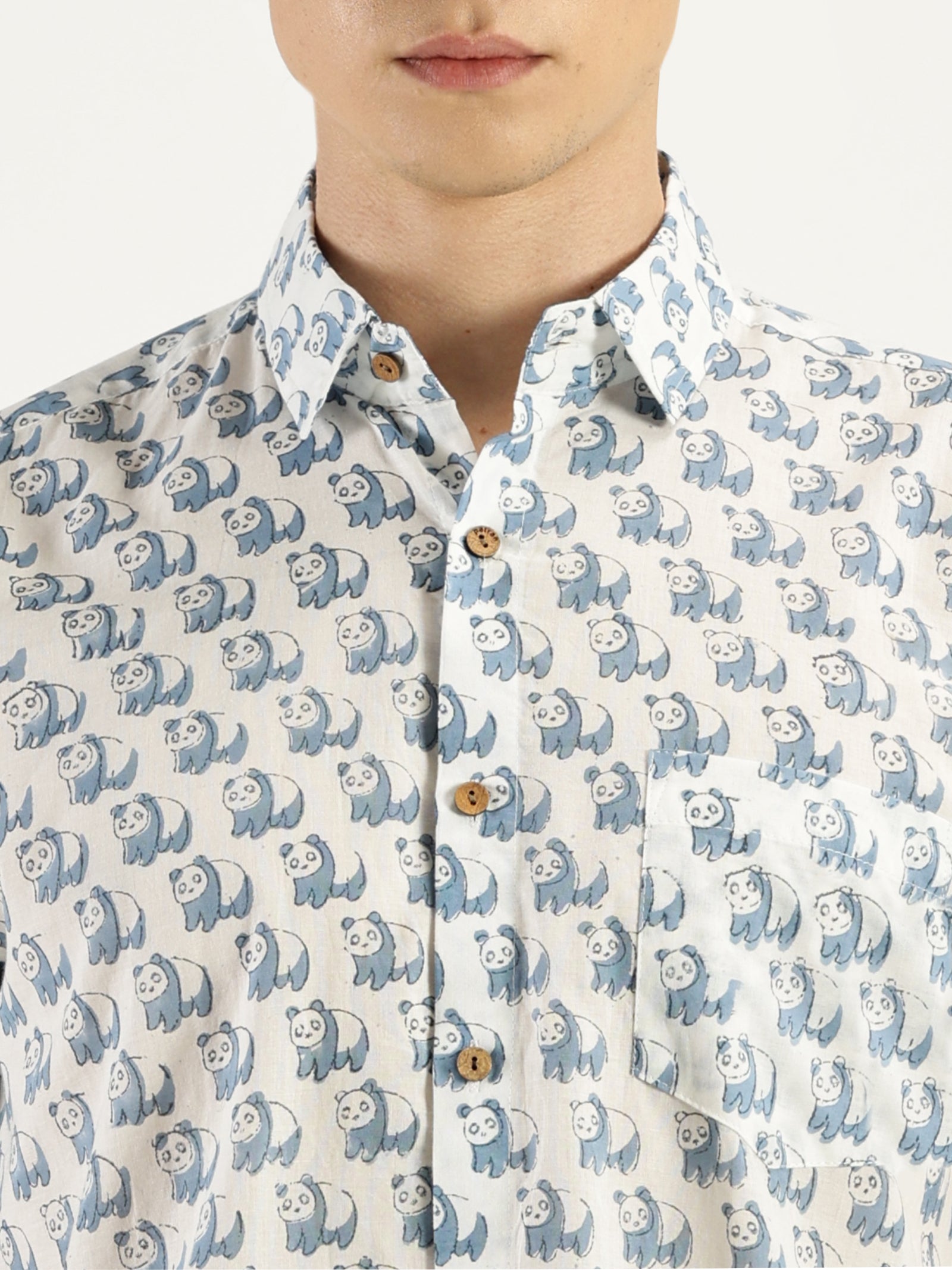 Close up of Blue Panda Block Printed Halfsleeves Cotton Shirt by Brand Patrah