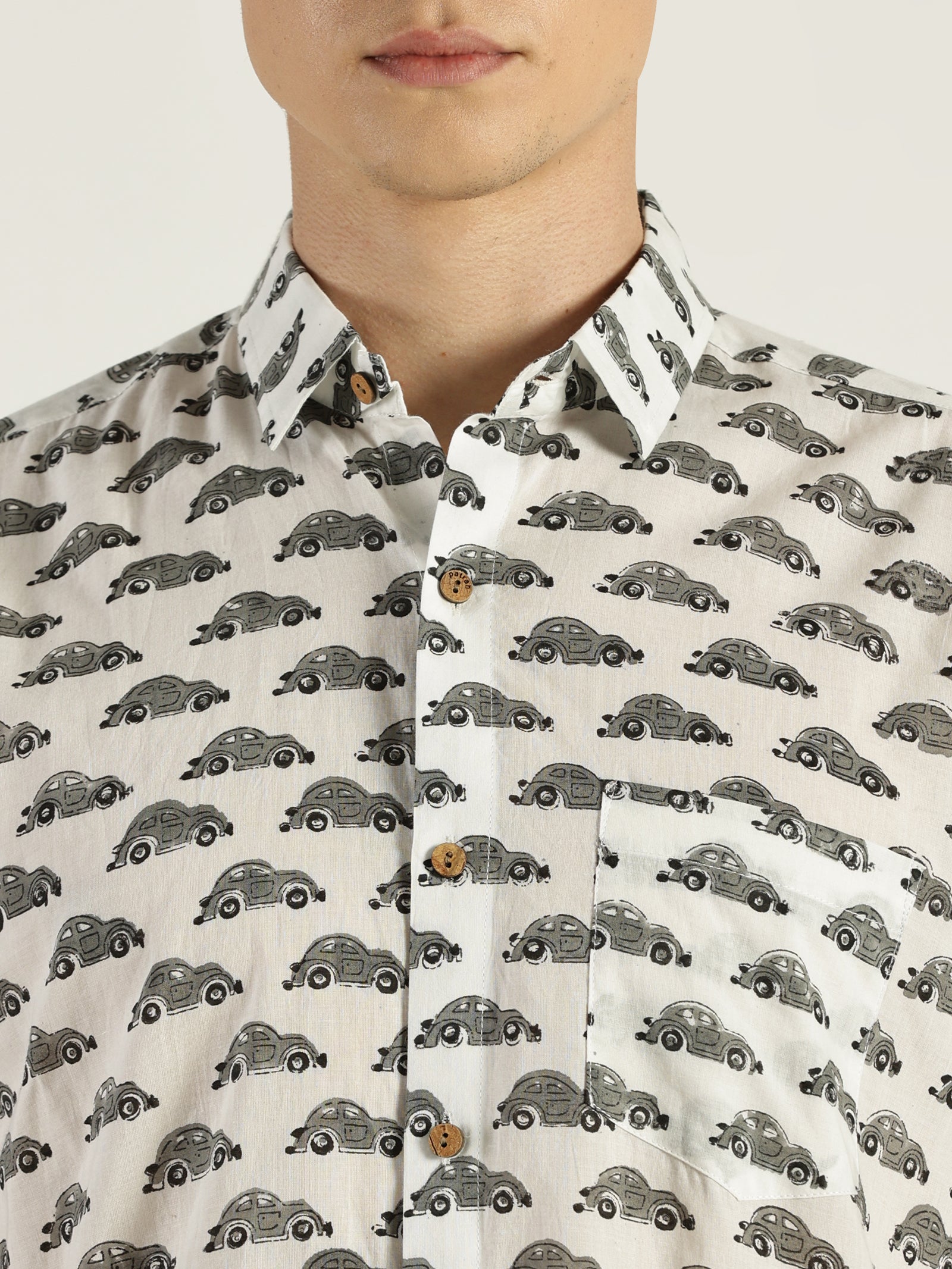 Close up of Grey Car Block Printed Halfsleeves Cotton Shirt by Brand Patrah