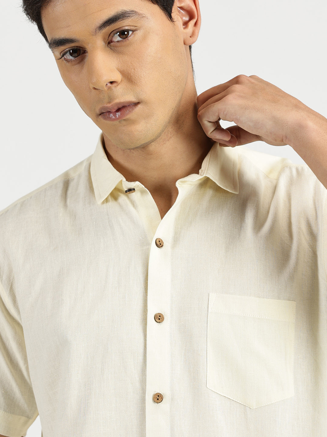 Close up of Off-white Slub Soft Cotton Halfsleeves Shirt by Brand Patrah
