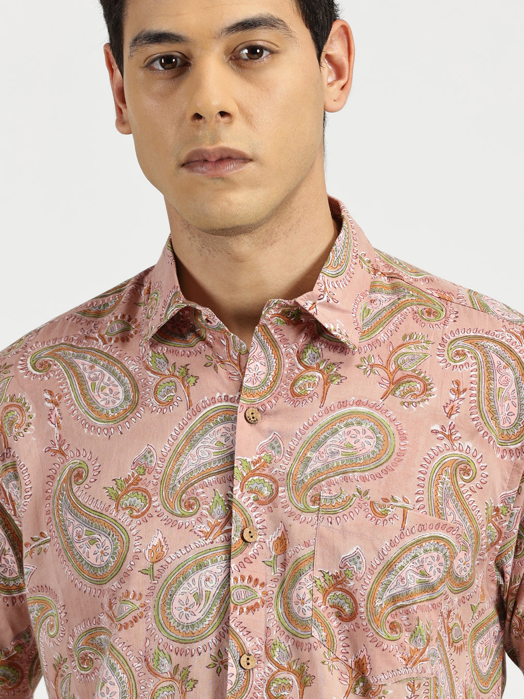 Close up of Pink Paisley Ethnic Block Printed Halfsleeves Cotton Shirt by Brand Patrah