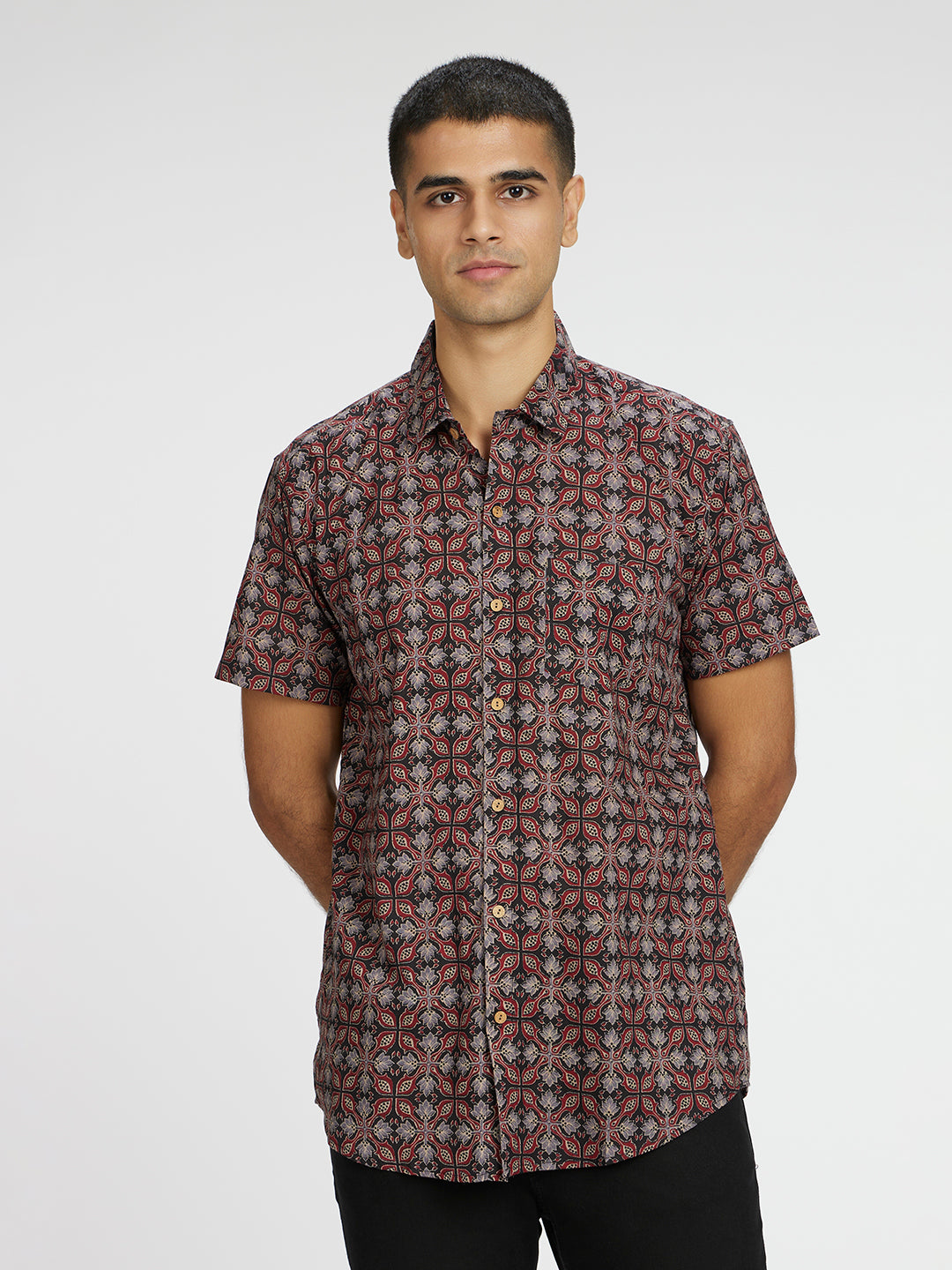 Brown Model wearing Ethnic Ajrak Printed Halfsleeves Cotton Shirt by Brand Patrah