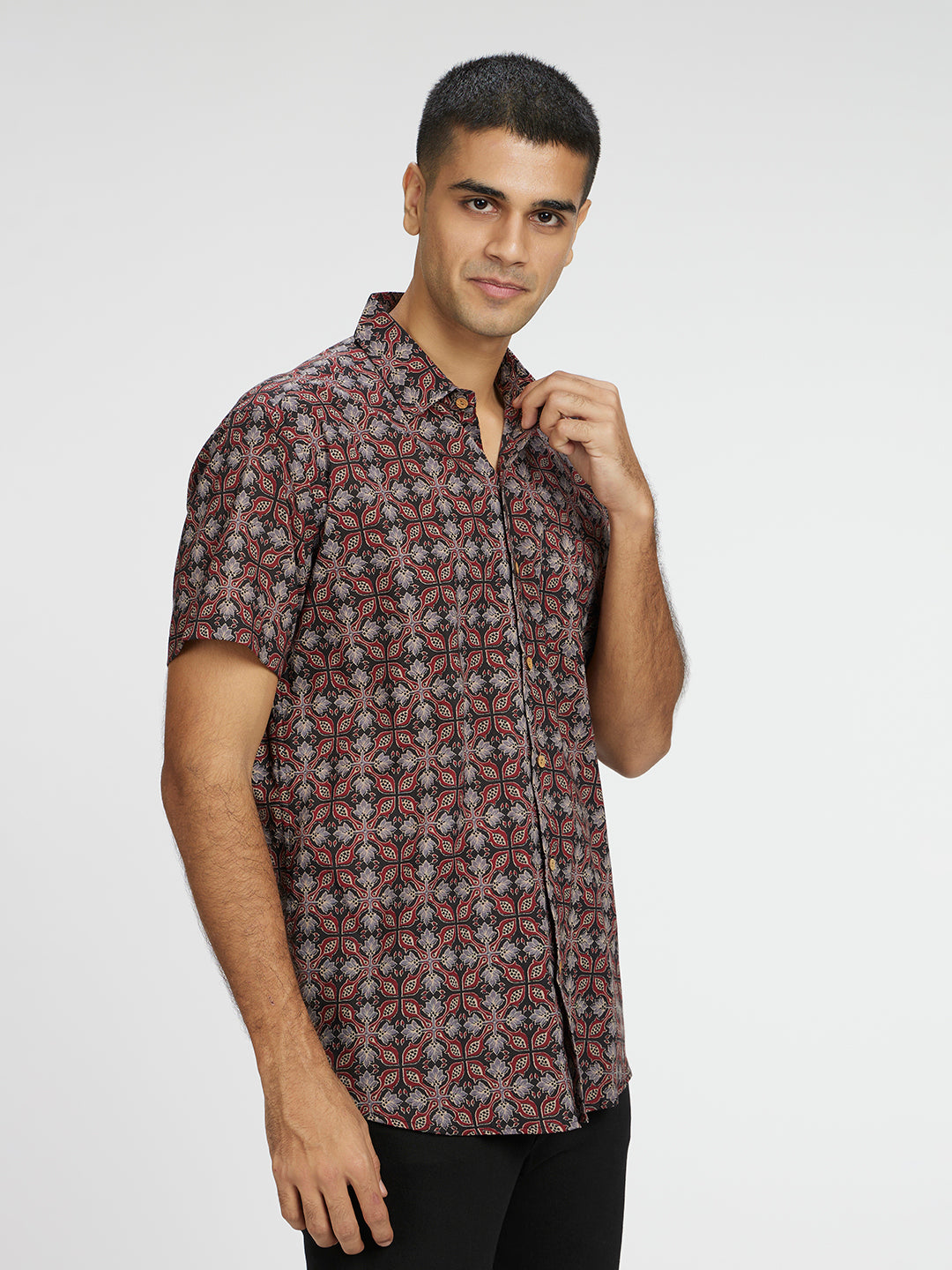 Brown Model wearing Ethnic Ajrak Printed Halfsleeves Cotton Shirt by Brand Patrah