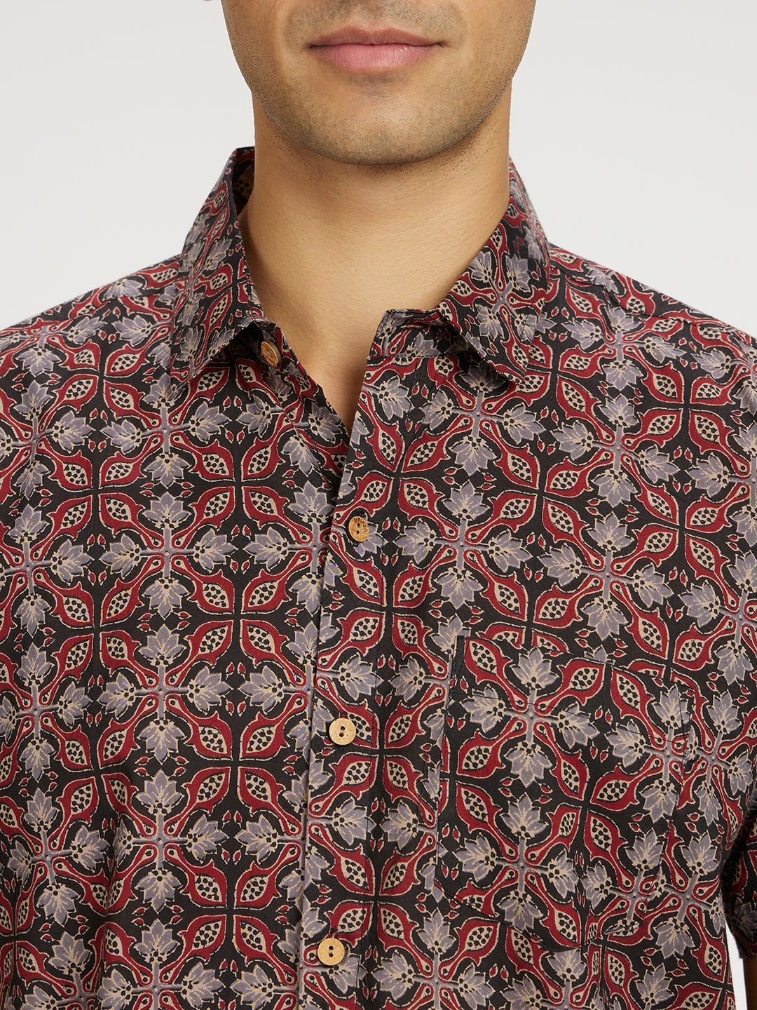 Close up of Ethnic Ajrak Printed Halfsleeves Cotton Shirt by Brand Patrah