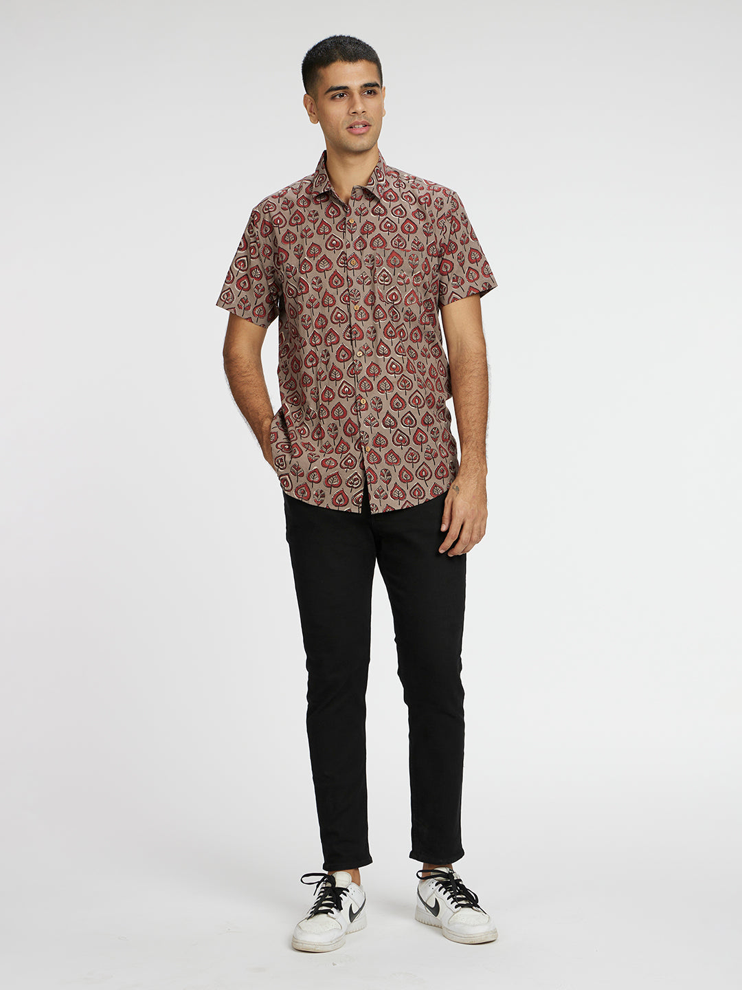 Brown Model wearing Grey Leaf Block Printed Holiday Halfsleeves Cotton Shirt by Brand Patrah