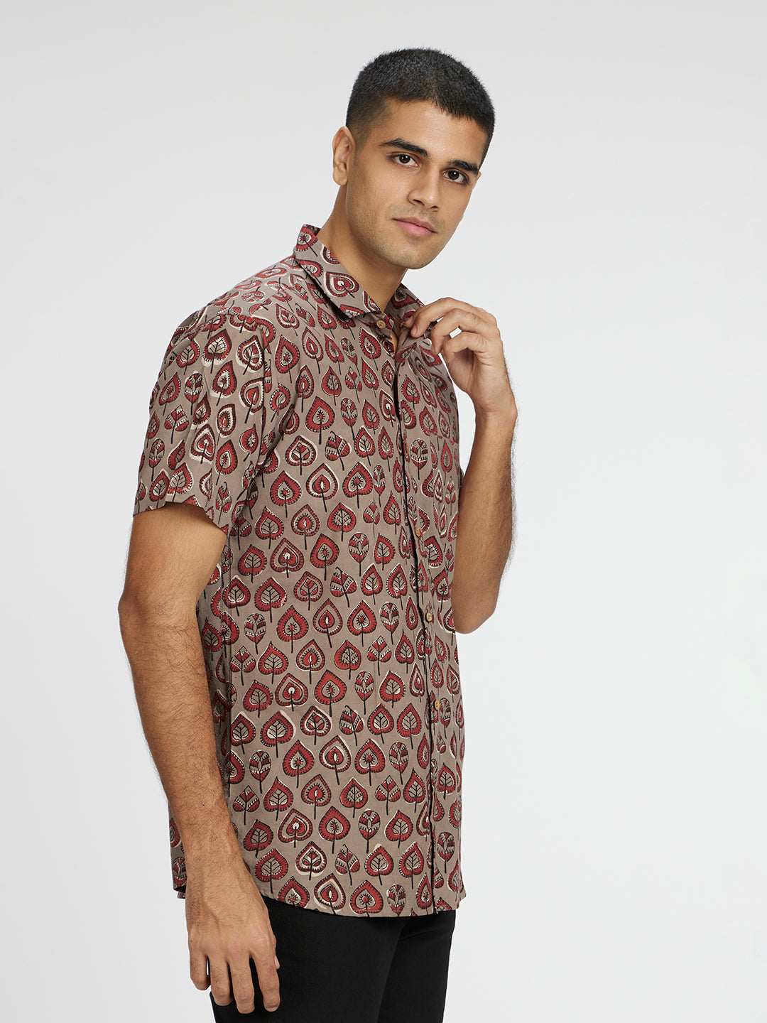 Brown Model wearing Grey Leaf Block Printed Holiday Halfsleeves Cotton Shirt by Brand Patrah