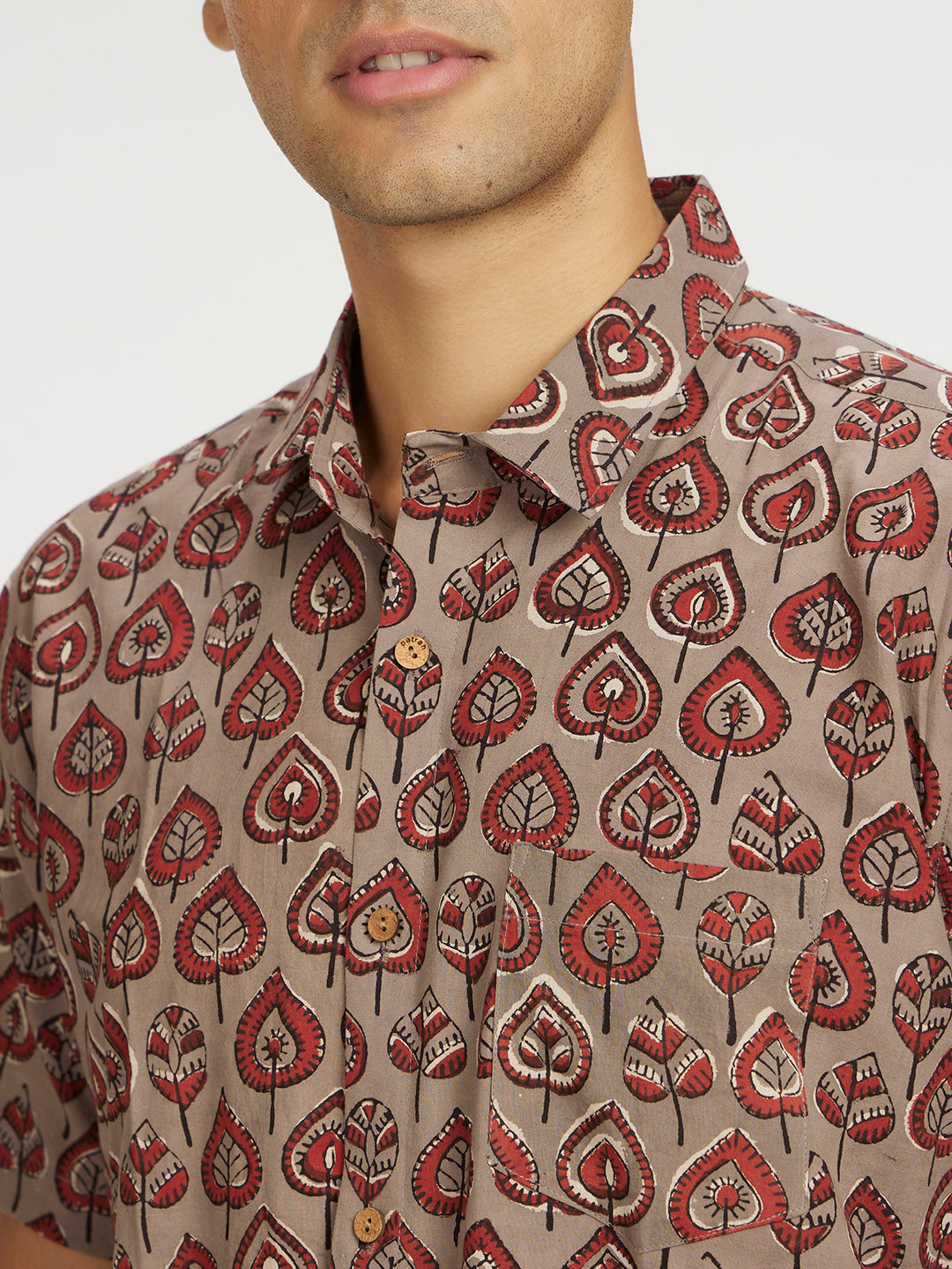 Close up of Grey Leaf Block Printed Holiday Halfsleeves Cotton Shirt by Brand Patrah