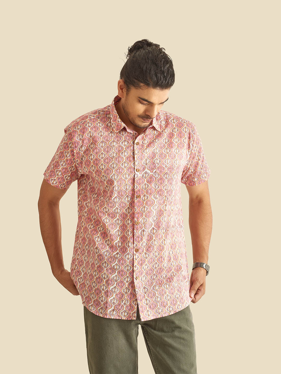 Model wearing Pink and White Ethnic Block Printed Holiday Halfsleeves Cotton Shirt by Brand Patrah