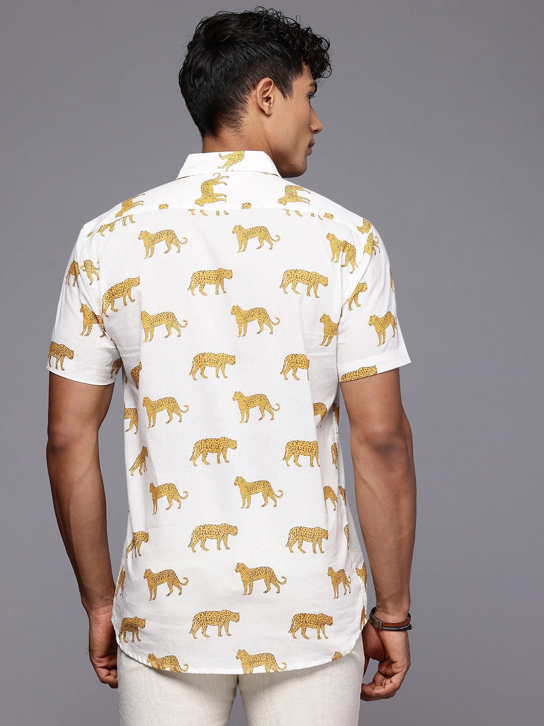 Back view of cotton cheetah print shirt for men in lightweight fabric