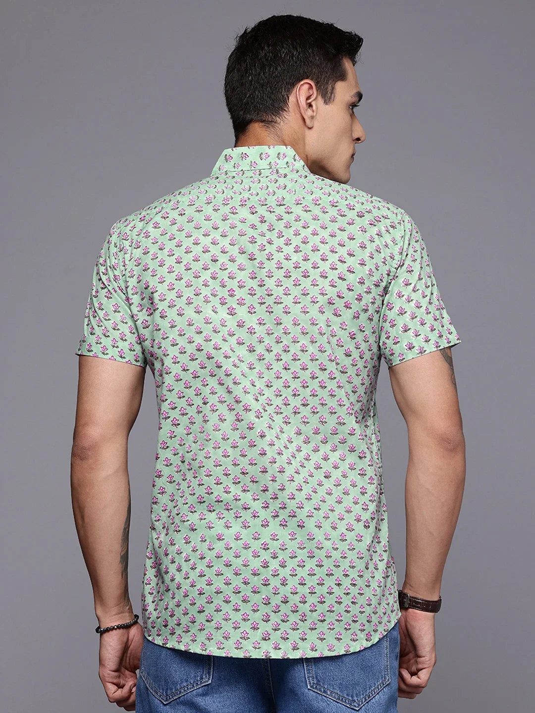 Back view of men’s sage green floral print cotton shirt