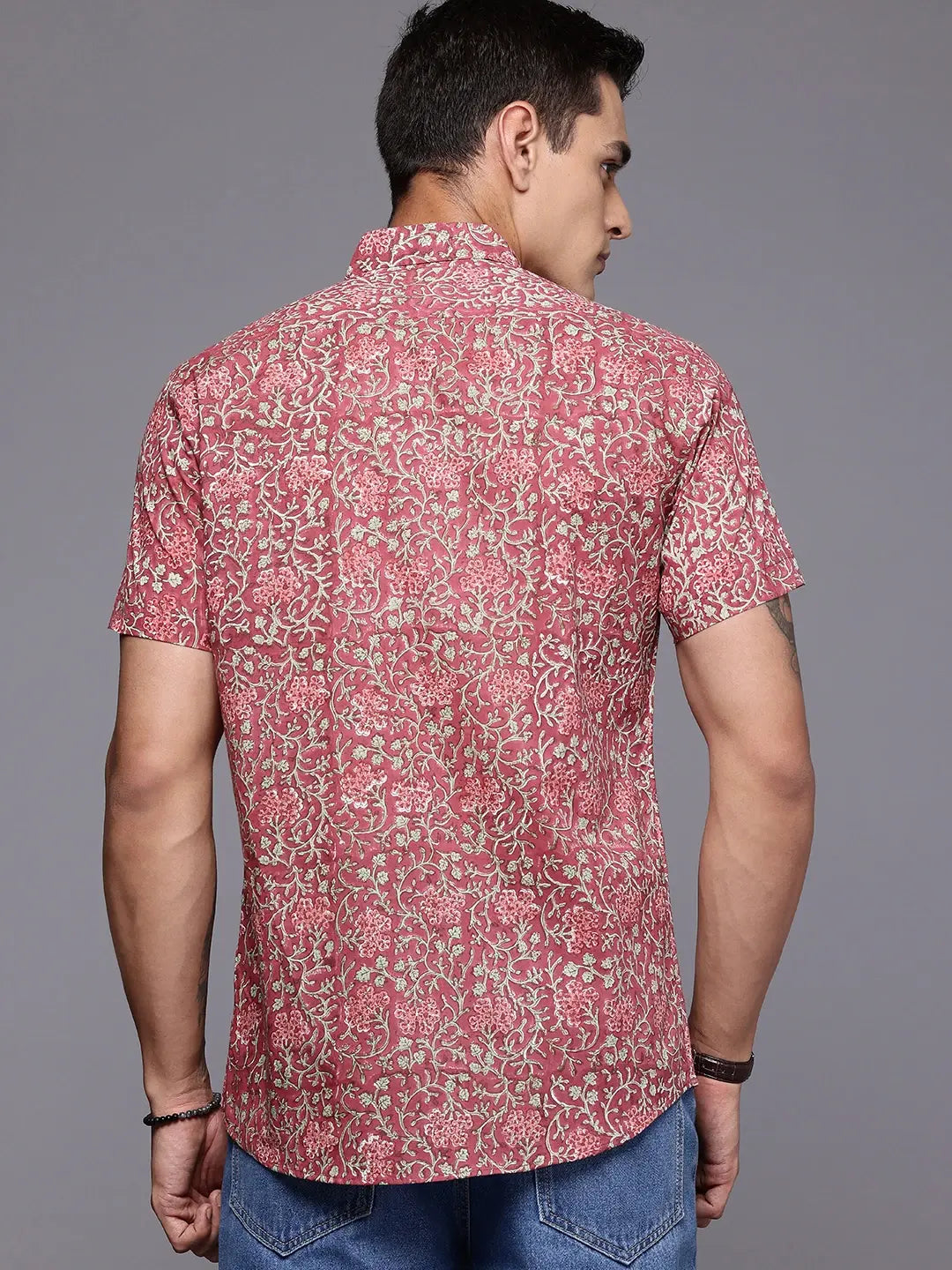 Back view of rouge floral cotton shirt for men in breathable fabric