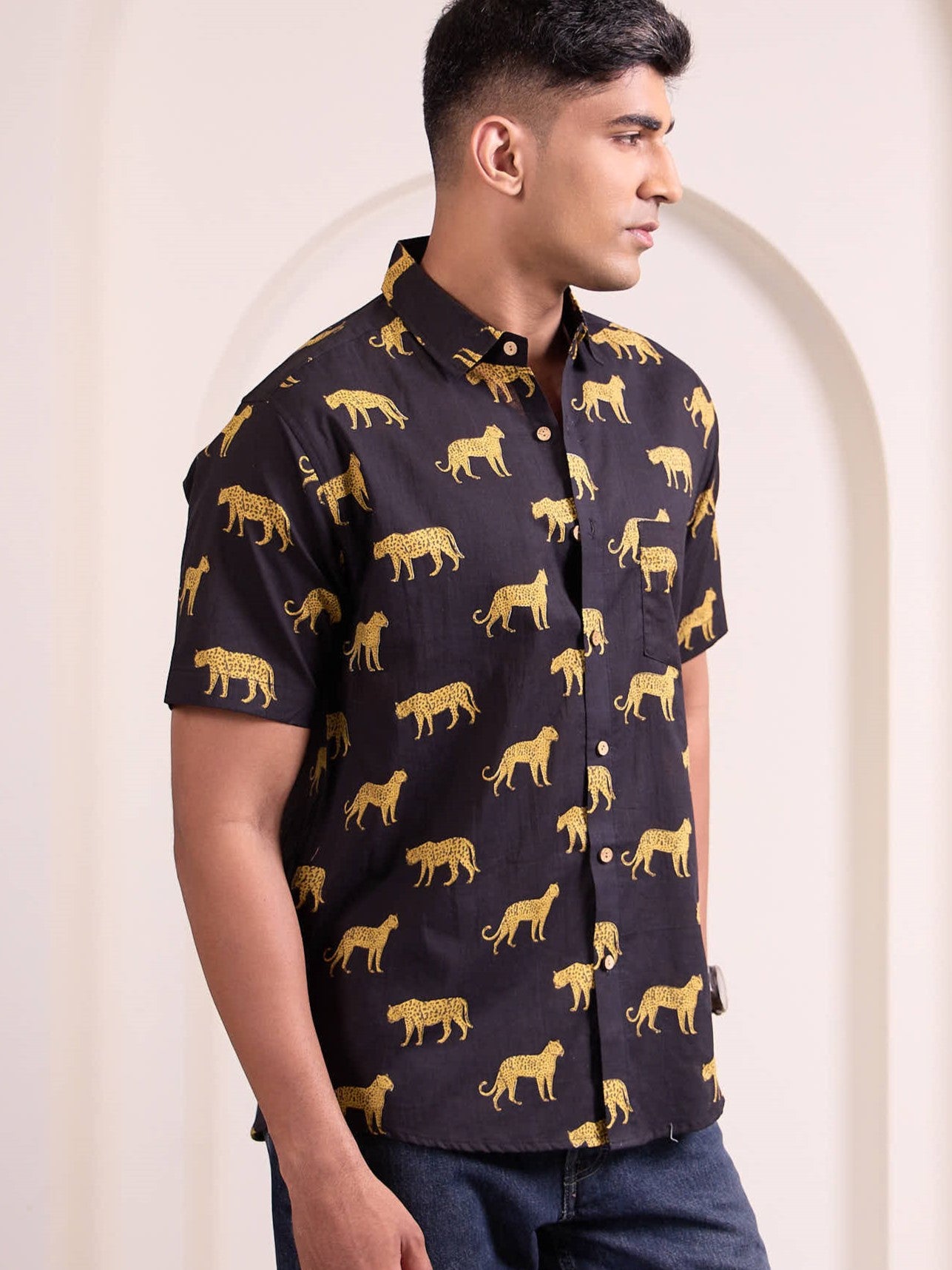 men’s cheetah print cotton shirt front view perfect for summer and beach