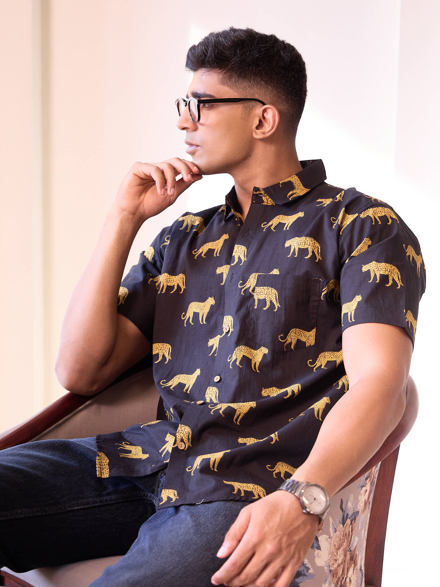 Black Cheetah Print Cotton Shirt by Brand Patrah