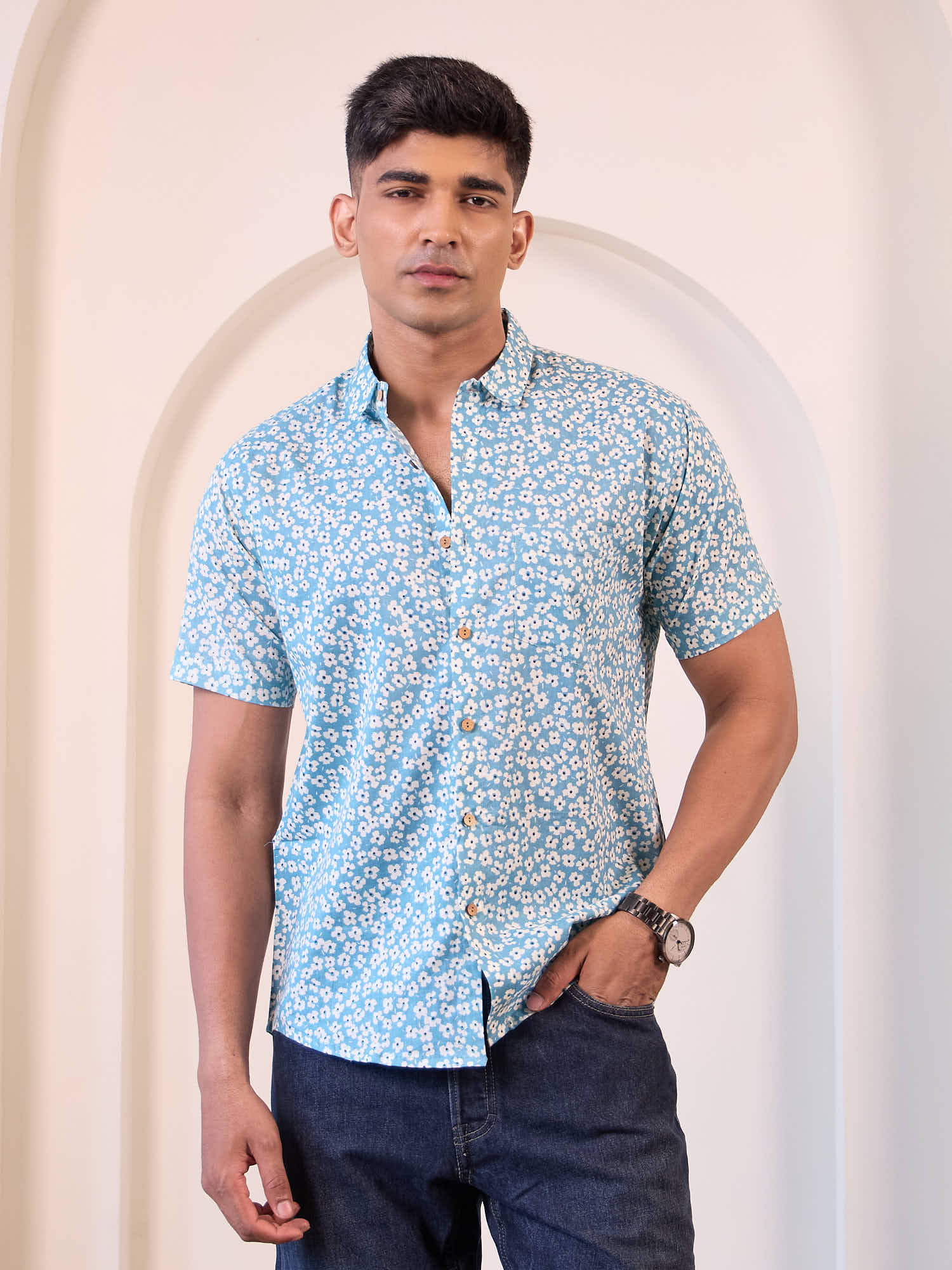 Lightweight blue floral print shirt for travel wear