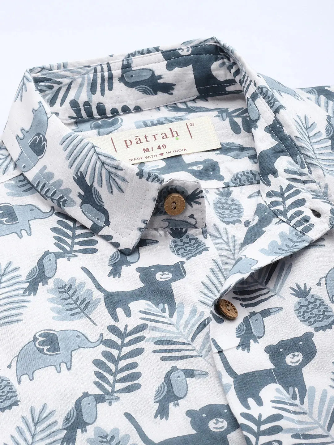 Close-up of safari print fabric on pure cotton shirt