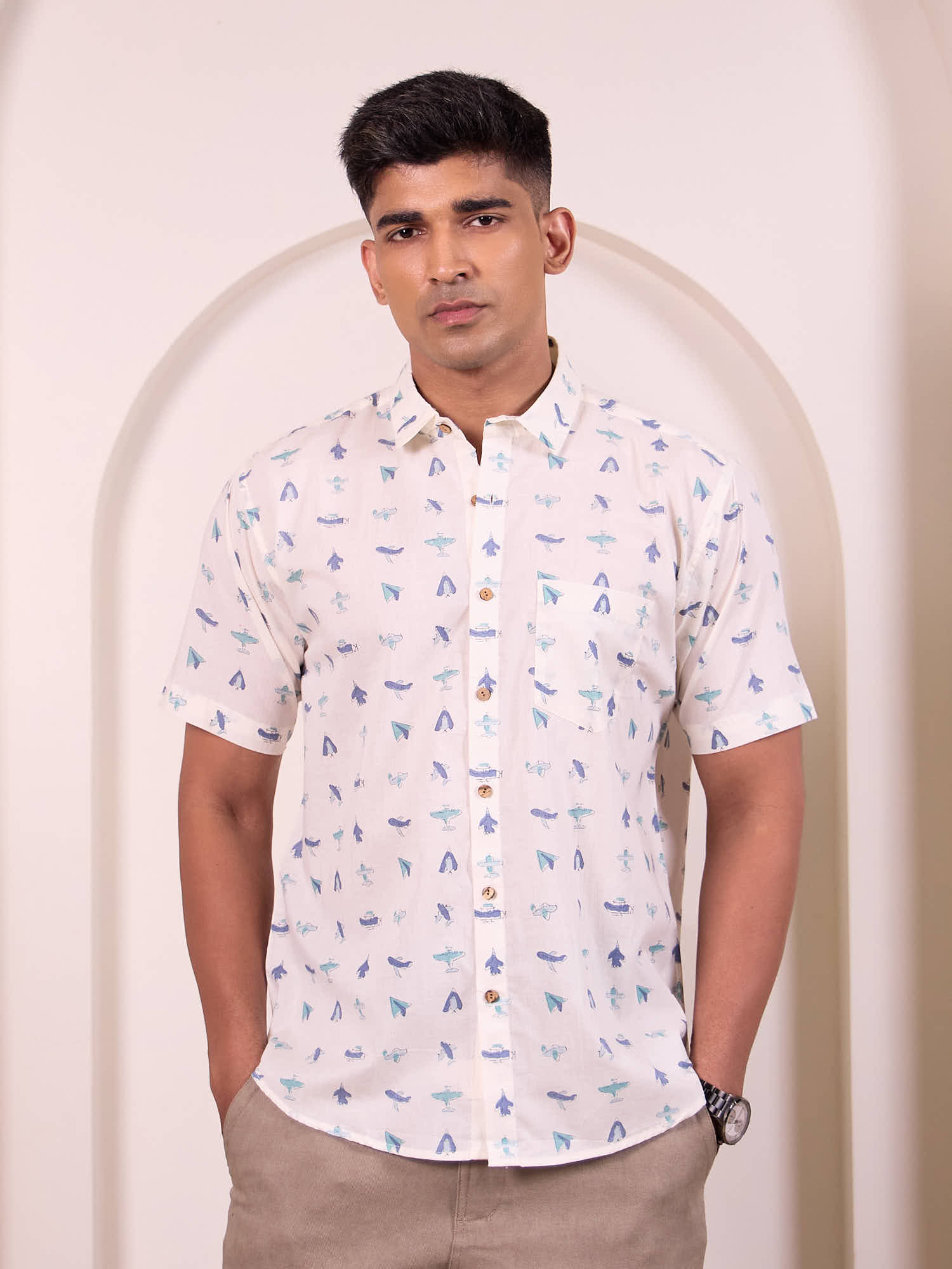 Model wearing a white colour ethnic, short sleeves casual shirt made of pure cotton fabric