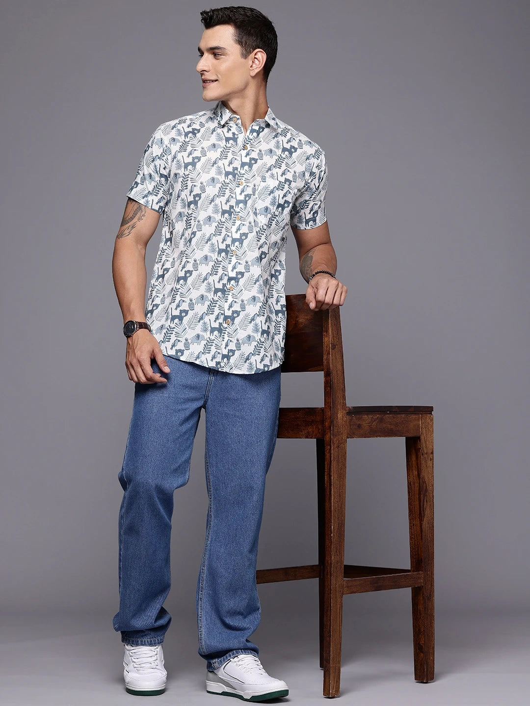 Full body view of safari cotton shirt for men styled for holidays