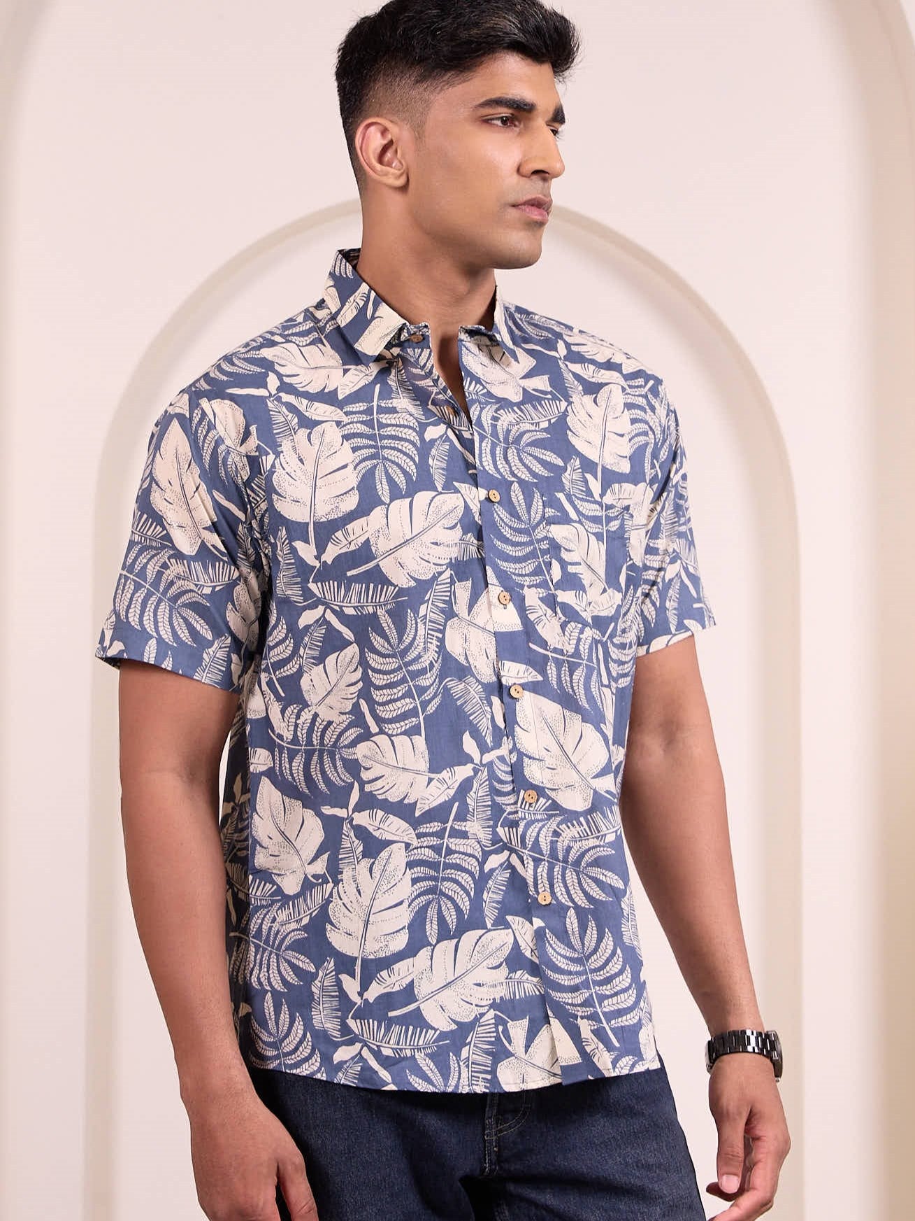 Men’s blue printed shirt with grey leaf print design