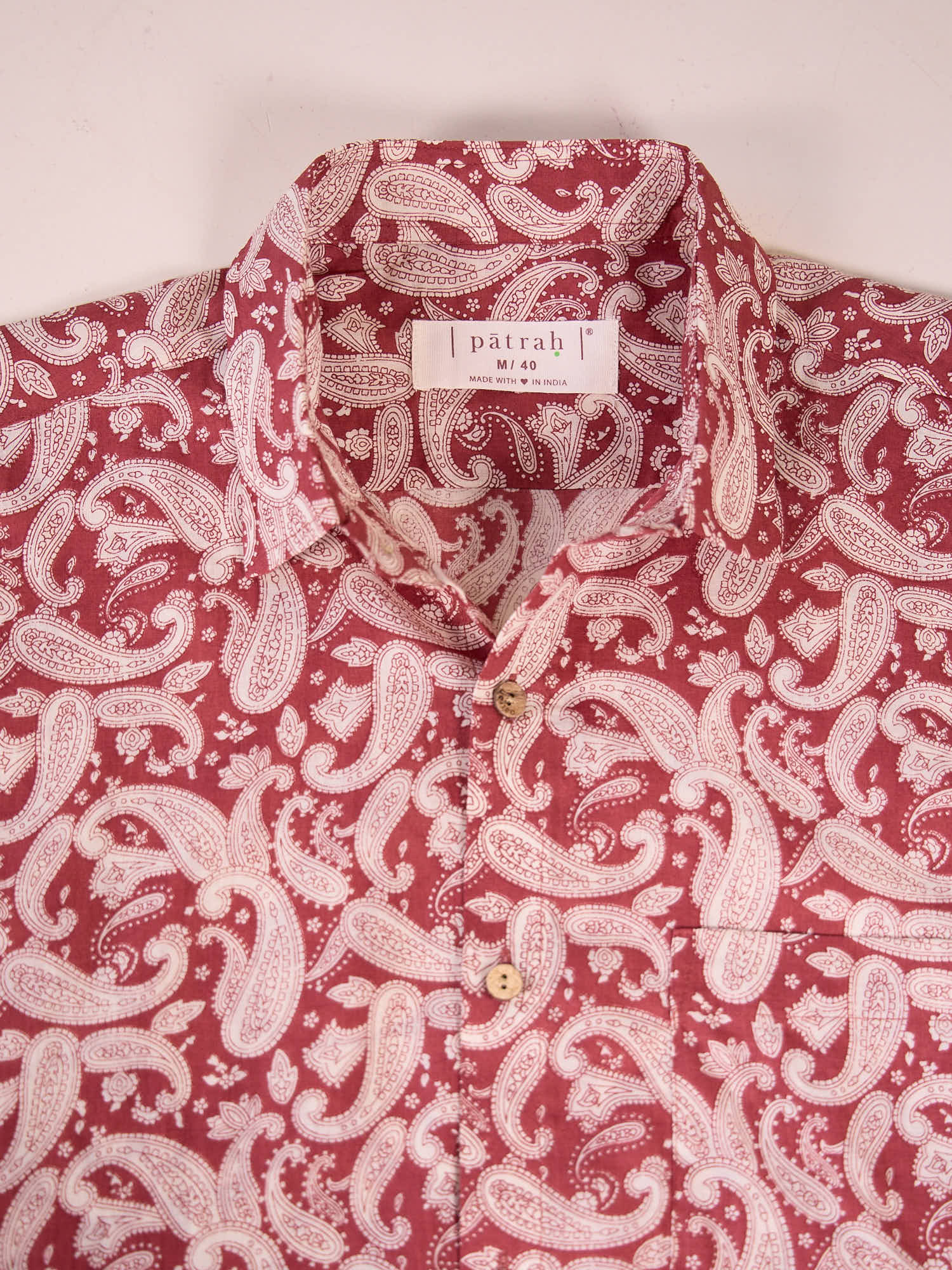 Close up of Maroon French Paisely Ethnic Shirt
