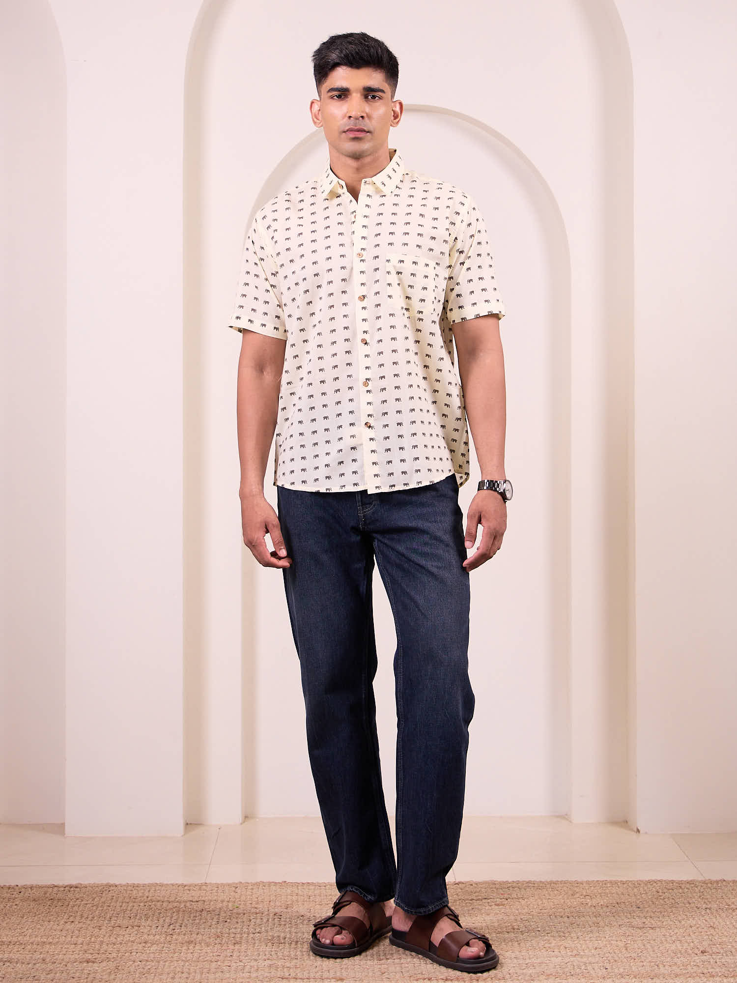 Full body view of elephant print cotton shirt for men styled for holidays