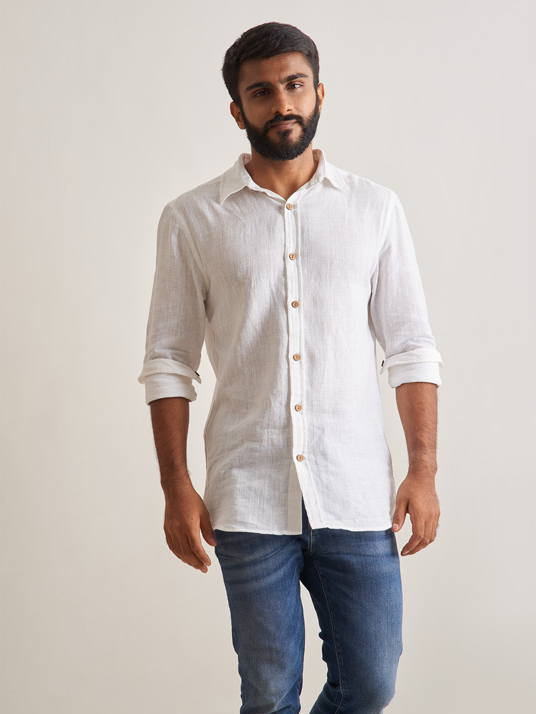 Brown Model wearing Morning mist linen shirt by Brand Patrah
