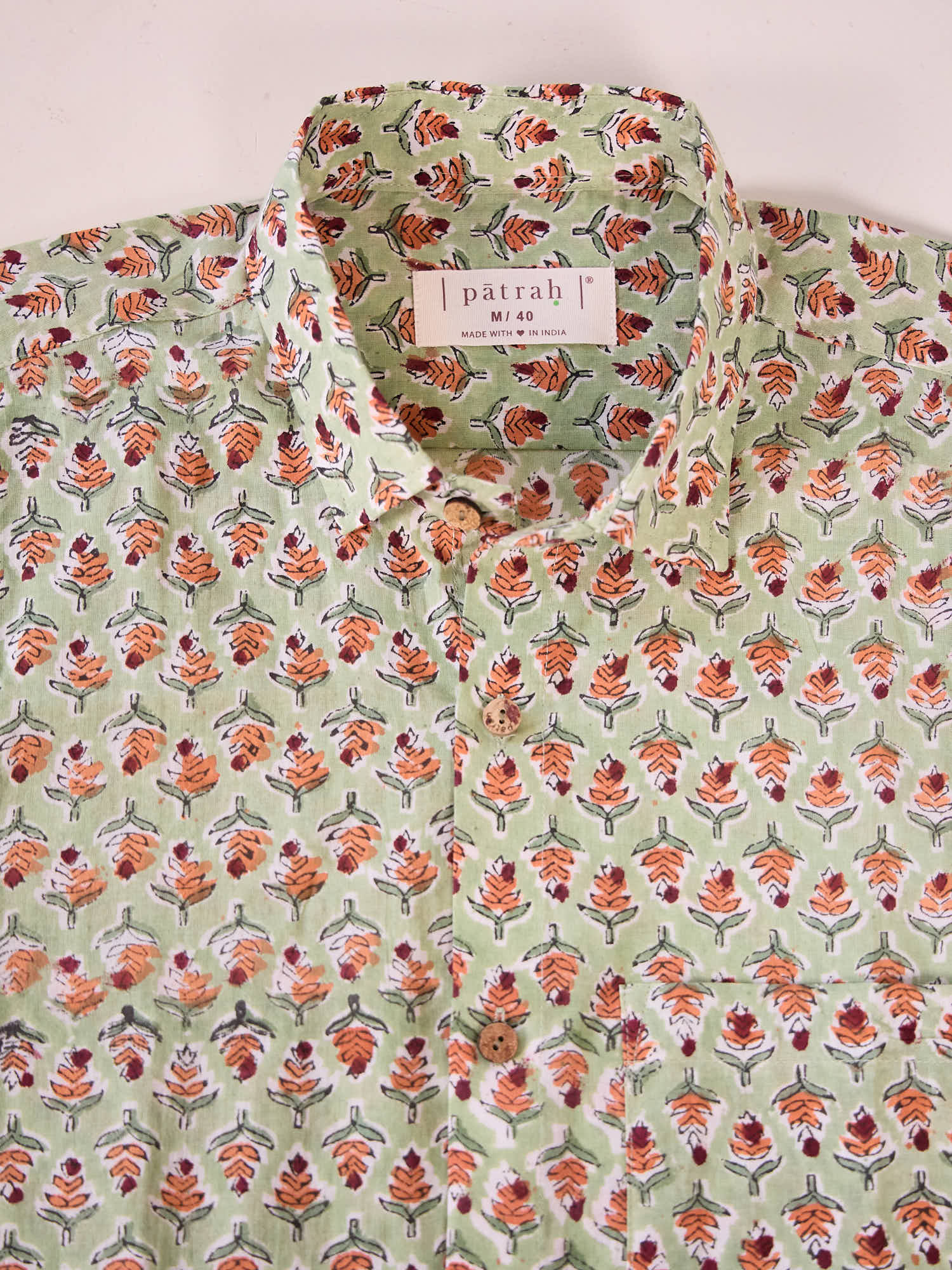 Close up of Olive Floral Print Ethnic Cotton Shirt