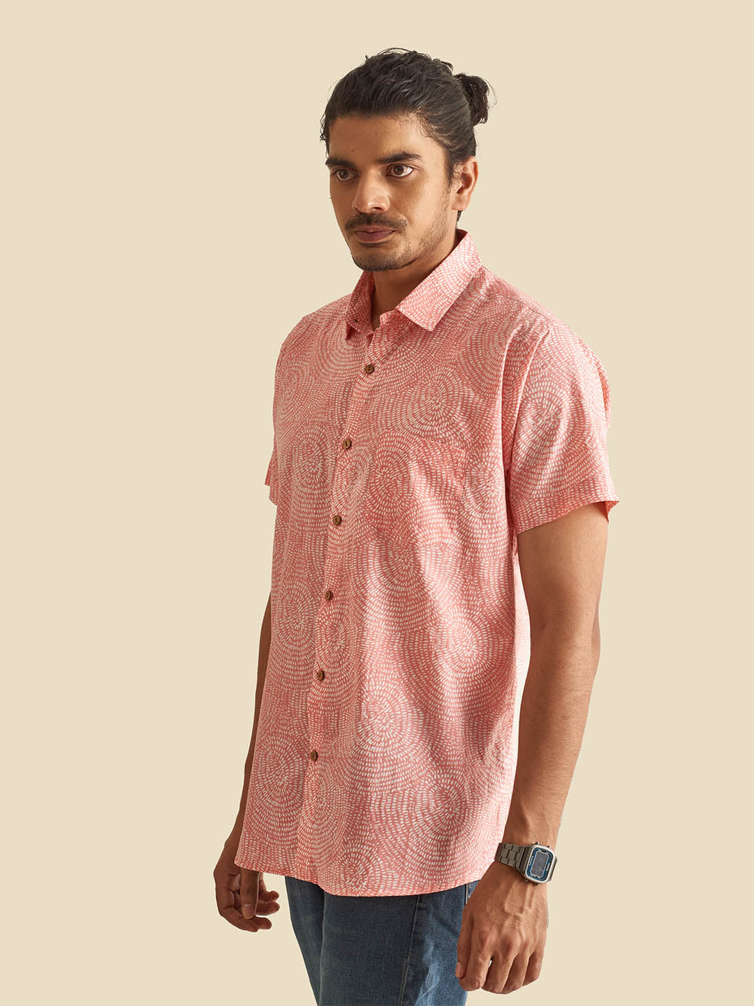 Pink Abstract Circles Block Printed Halfsleeves Cotton Shirt