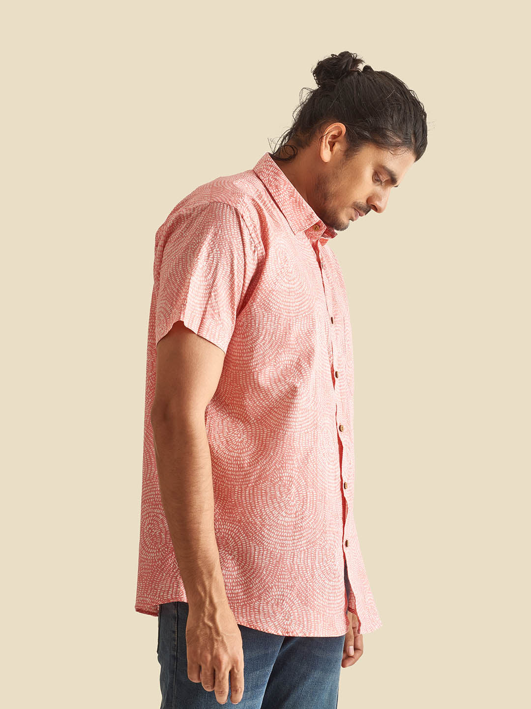 Pink Abstract Circles Block Printed Halfsleeves Cotton Shirt