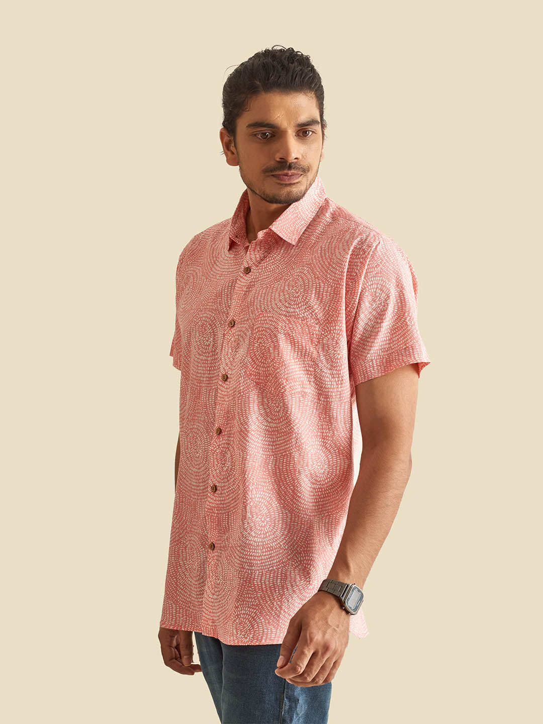 Pink Abstract Circles Block Printed Halfsleeves Cotton Shirt