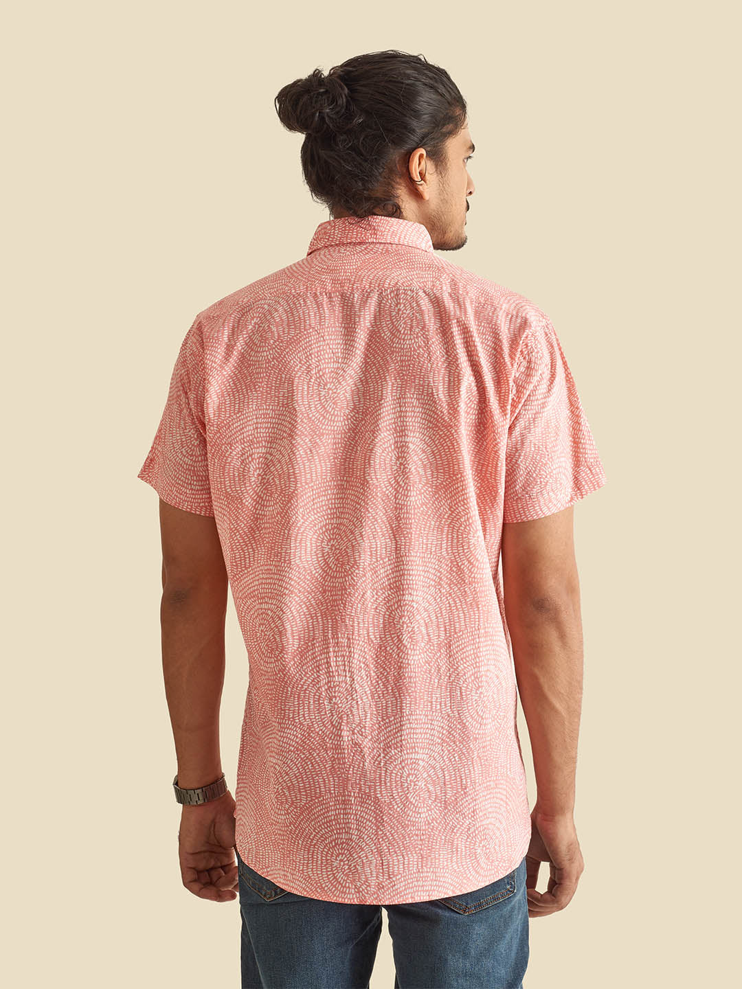 Pink Abstract Circles Block Printed Halfsleeves Cotton Shirt