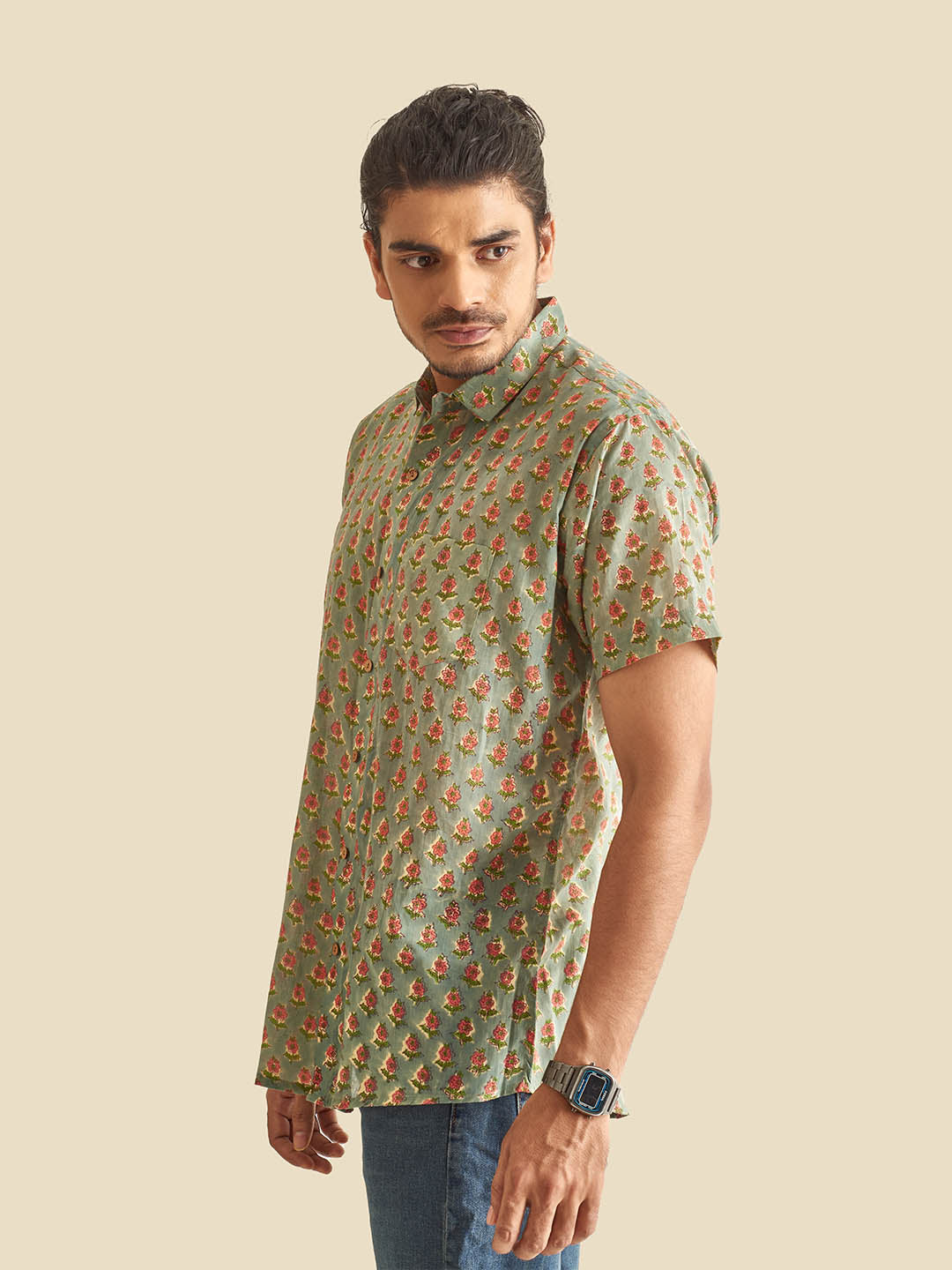 Olive Holiday Block Printed Halfsleeves Cotton Shirt