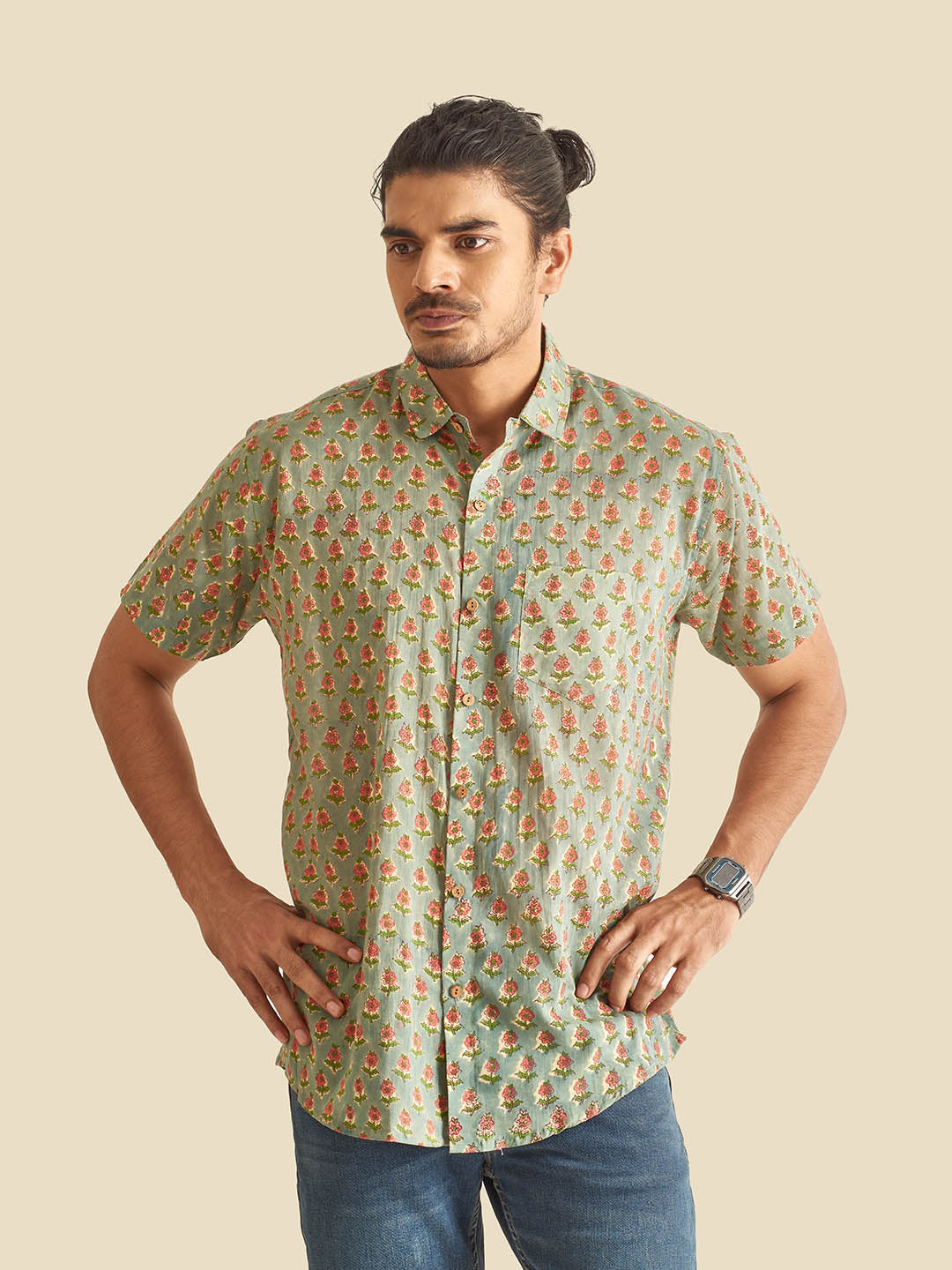 Olive Holiday Block Printed Halfsleeves Cotton Shirt