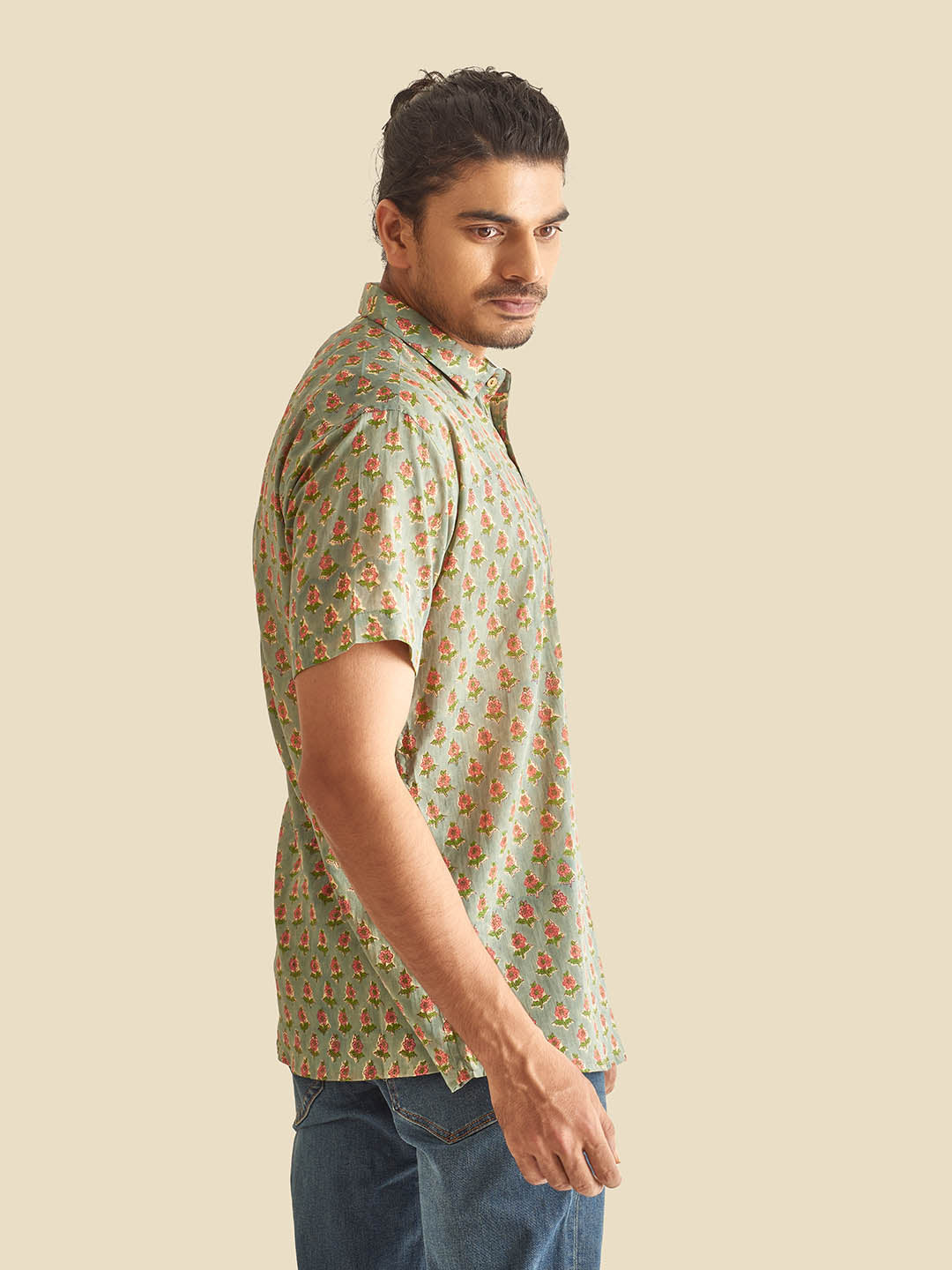 Olive Holiday Block Printed Halfsleeves Cotton Shirt