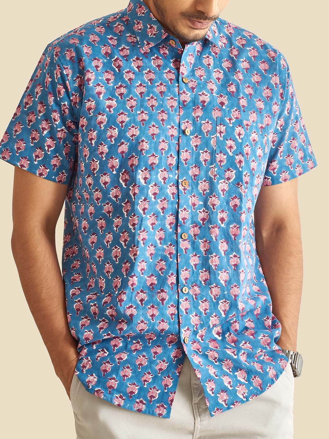 Close up of Blue Floral Block Printed Halfsleeves Cotton Shirt by Brand Patrah