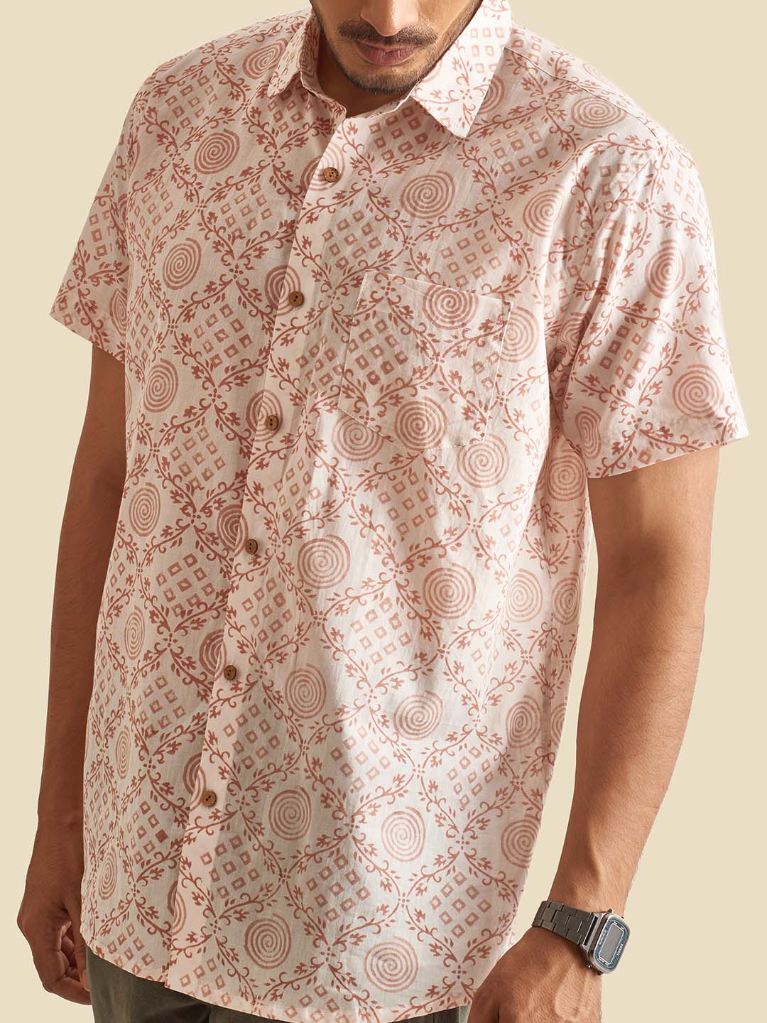 Close up of White Ethnic Block Printed Holiday Halfsleeves Cotton Shirt by Brand Patrah