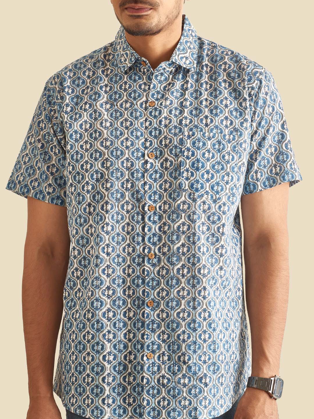 Close up of Blue and White Ethnic Block Printed Holiday Halfsleeves Cotton Shirt by Brand Patrah