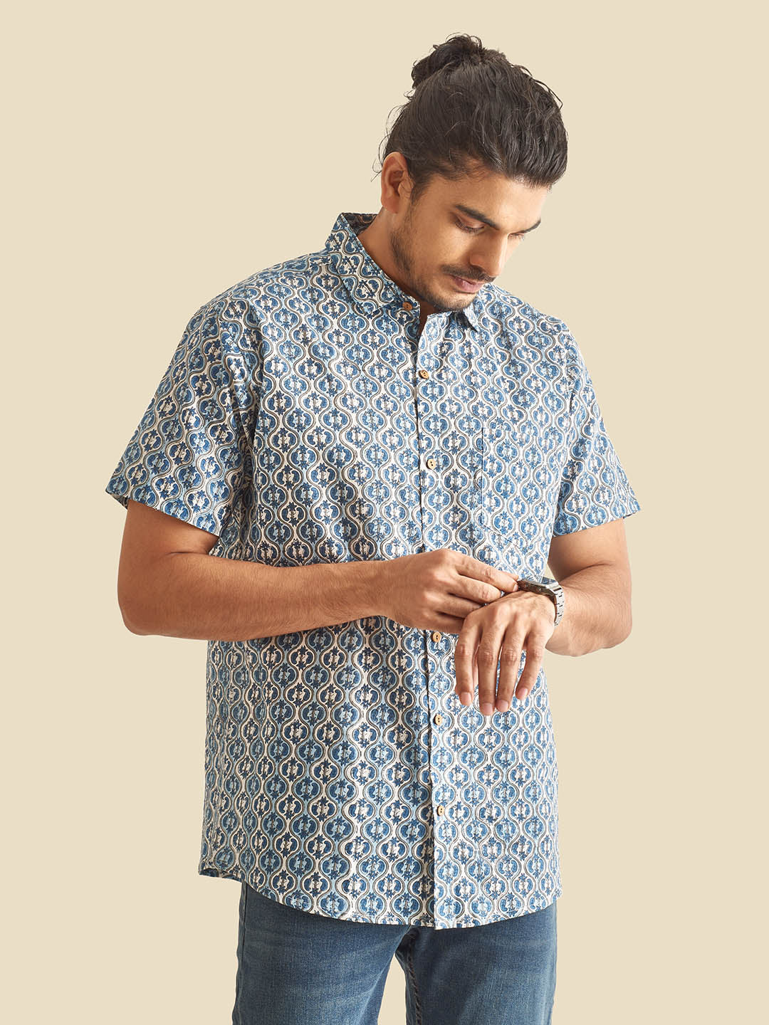 Brown Model wearing Blue and White Ethnic Block Printed Holiday Halfsleeves Cotton Shirt by Brand Patrah