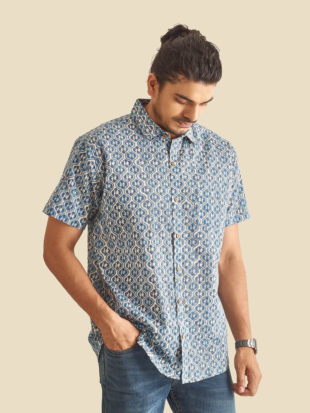 Brown Model wearing Blue and White Ethnic Block Printed Holiday Halfsleeves Cotton Shirt by Brand Patrah
