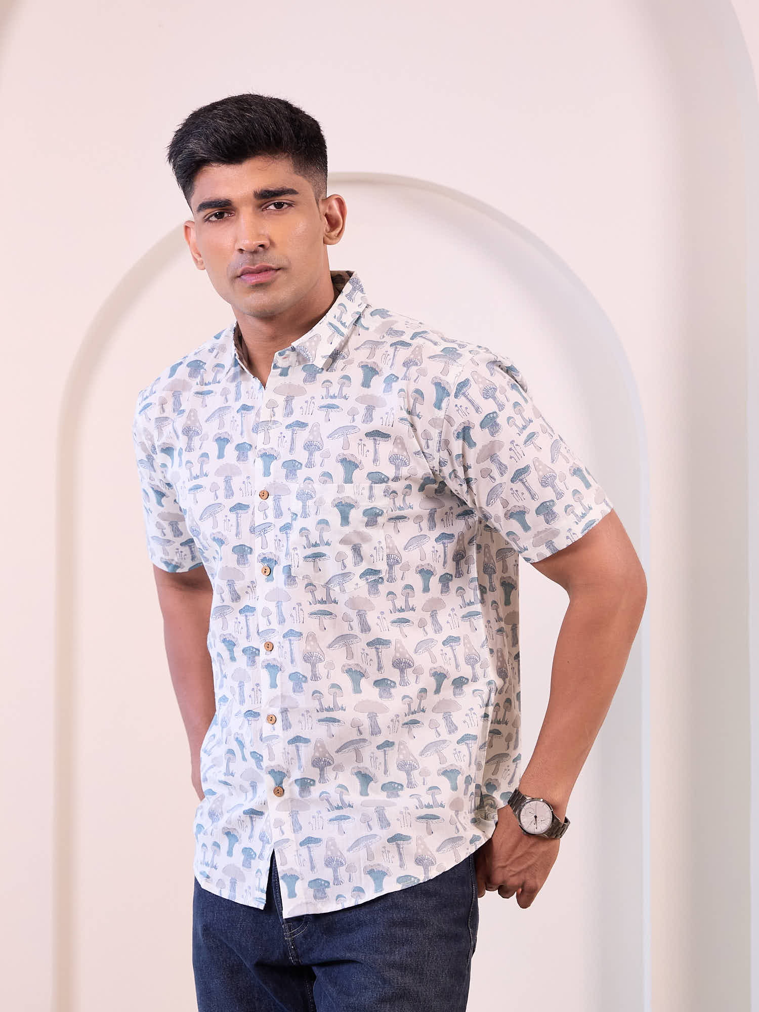 Model wearing a white colour ethnic, short sleeves casual shirt made of pure cotton fabric