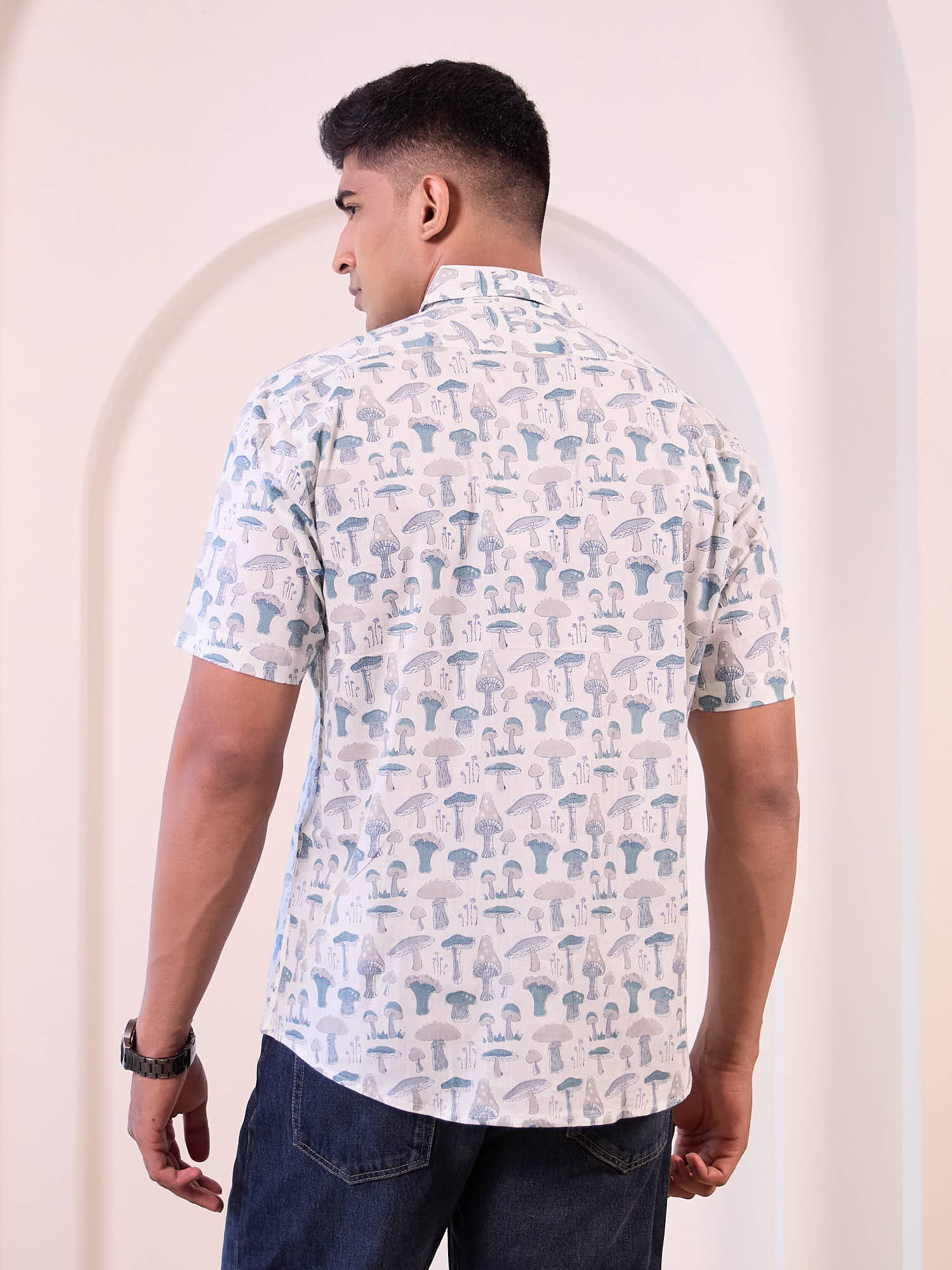 Model facing backwards wearing Psychedelic Printed Cotton Shirt