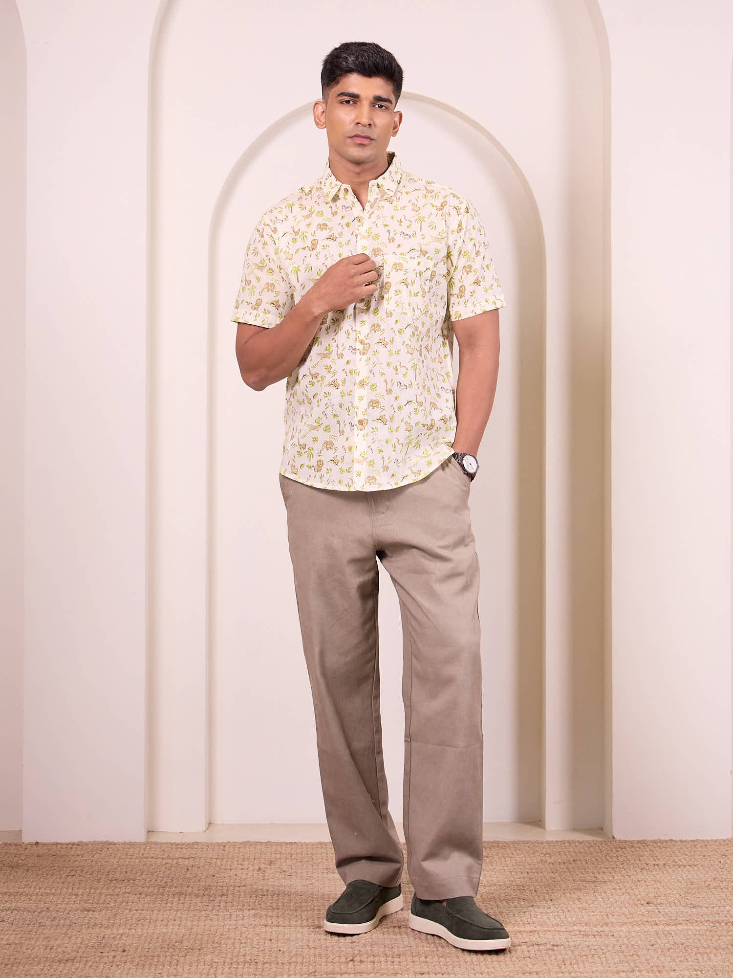 Full body view of safari cotton shirt for men styled for holidays