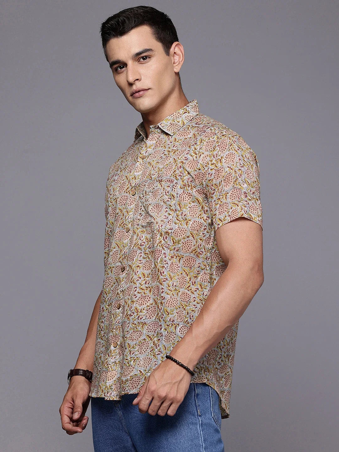Side profile of vintage floral cotton shirt for men